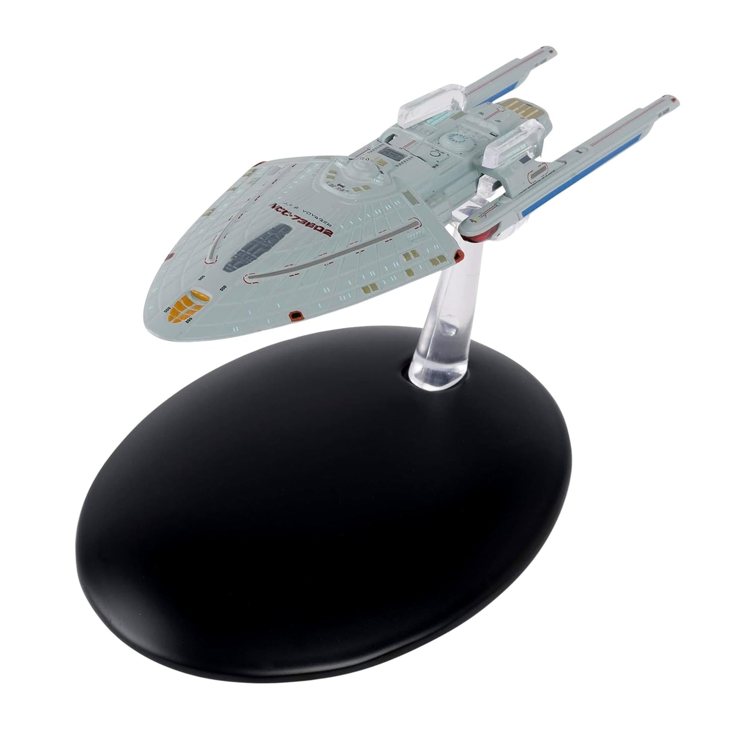 Three-quarter front view of the Sternbach Voyager Concept starship model mounted on a sleek black display base