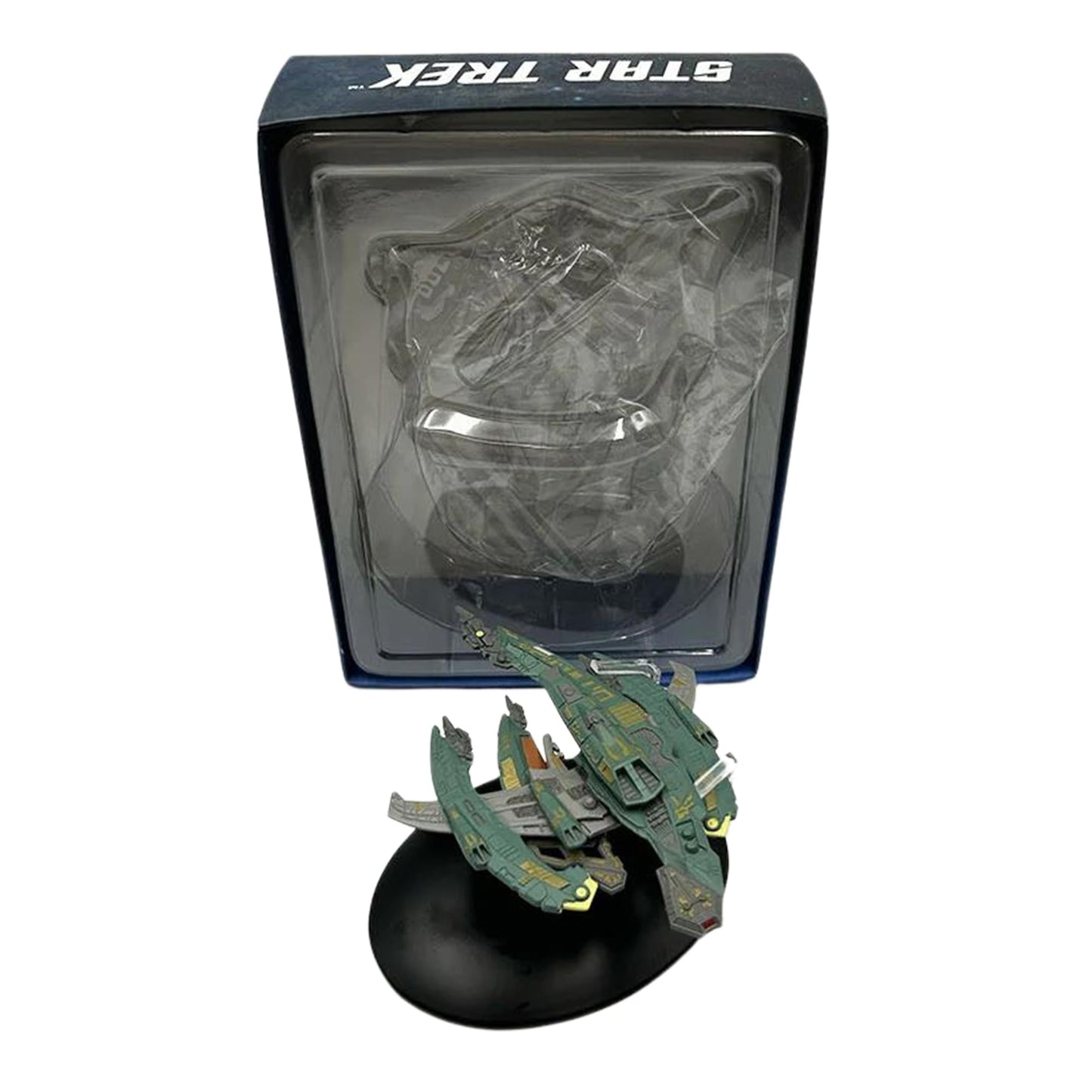 Boxed packaging presentation showing the collectible starship model secure in its display housing