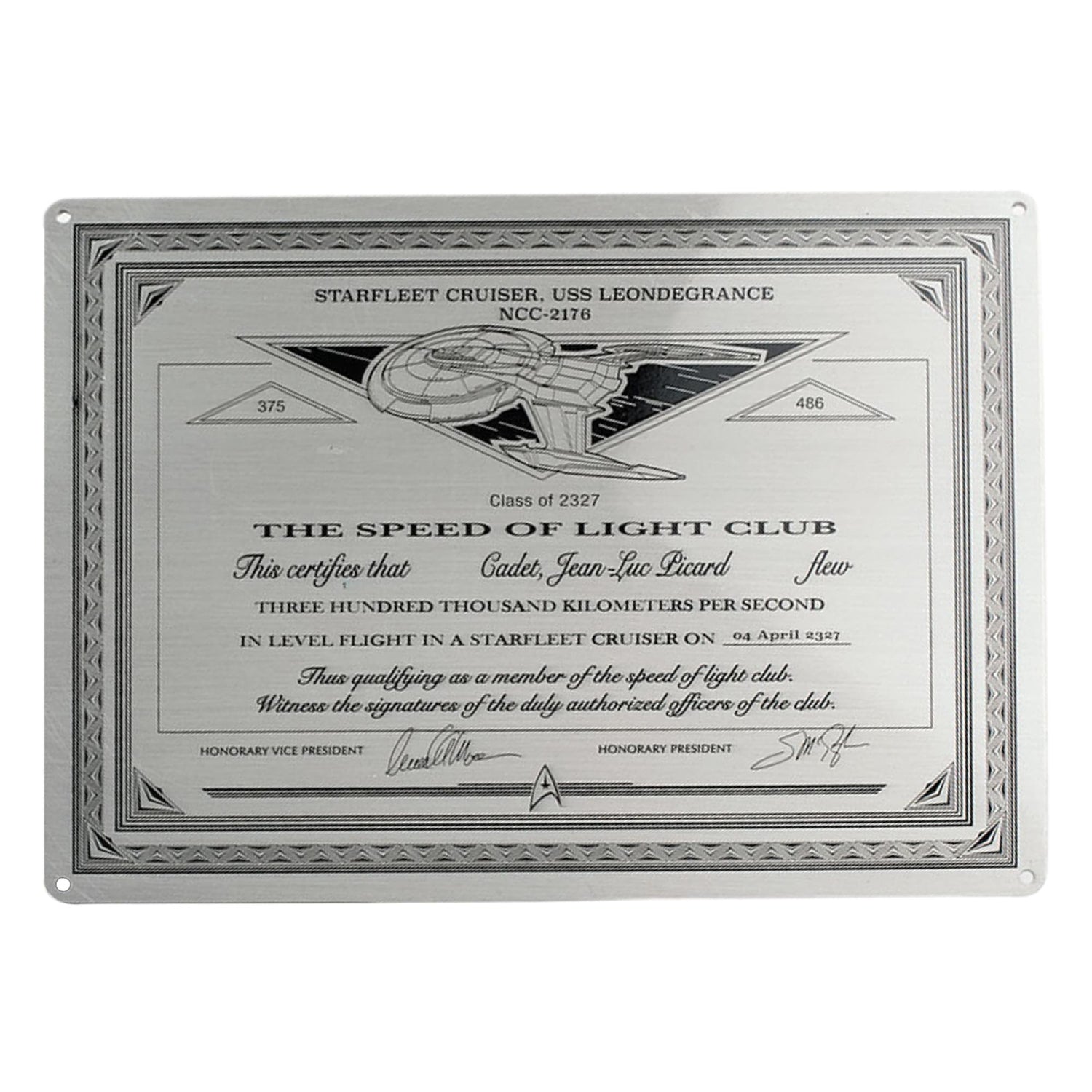 Metal plaque replica of the Speed of Light Club from Star Trek: Picard, featuring engraved text and starship bridge dedication styling