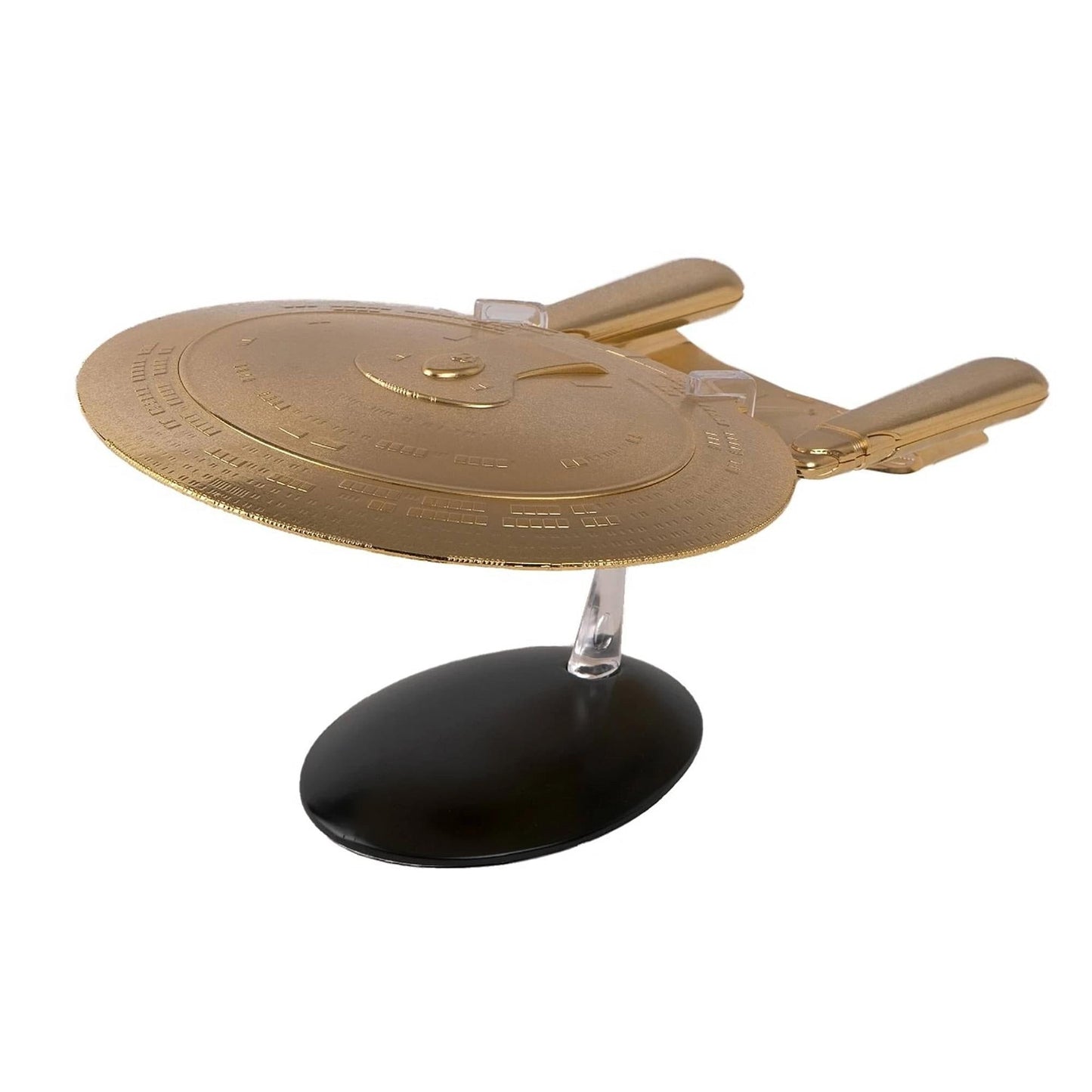 Front three-quarters view of the 18K gold USS Enterprise NCC-1701-D die-cast starship replica on a display stand