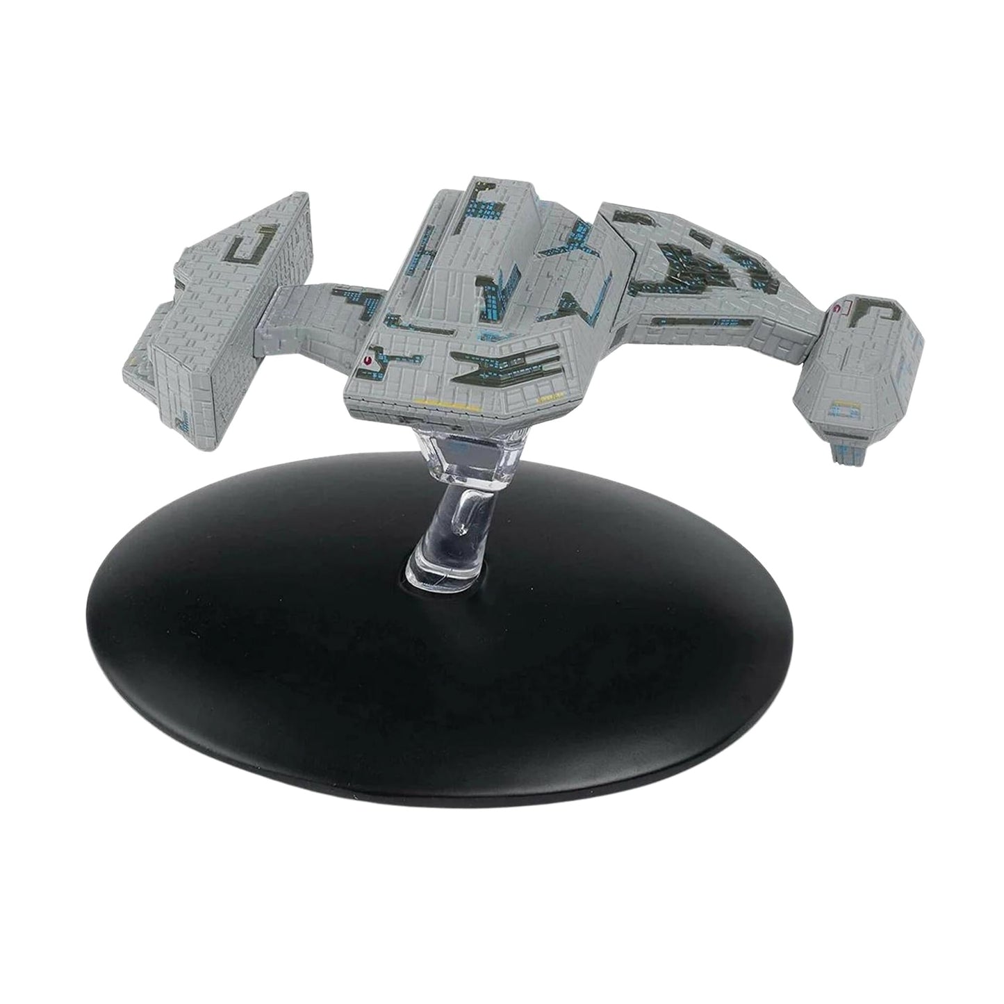 Side profile of the Renegade Borg Ship displayed on its custom stand against a dark background.