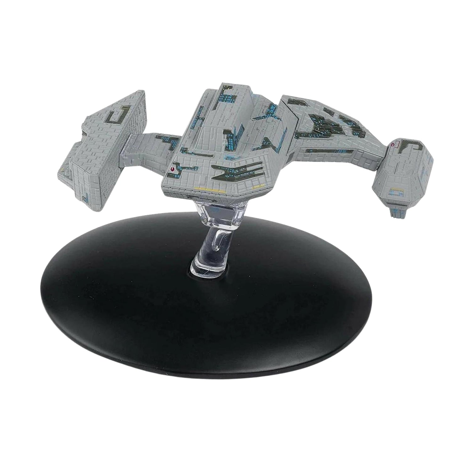 Side profile of the Renegade Borg Ship displayed on its custom stand against a dark background.