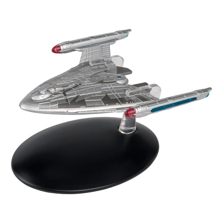 Angle view of the S.S. Emmette starship replica showing its hull and detailed warp nacelles