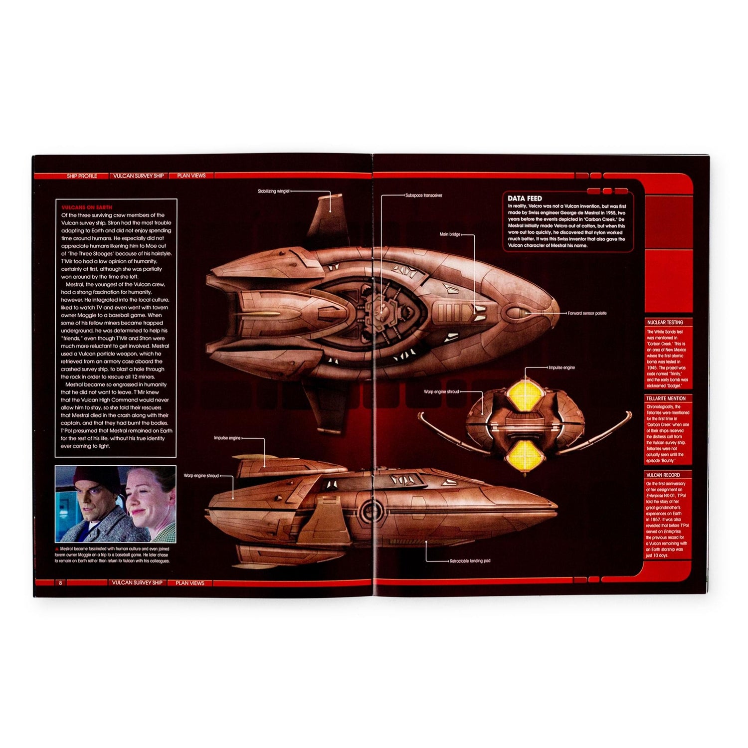 Close-up of text and illustrations inside the Star Trek publication detailing the Carbon Creek episode