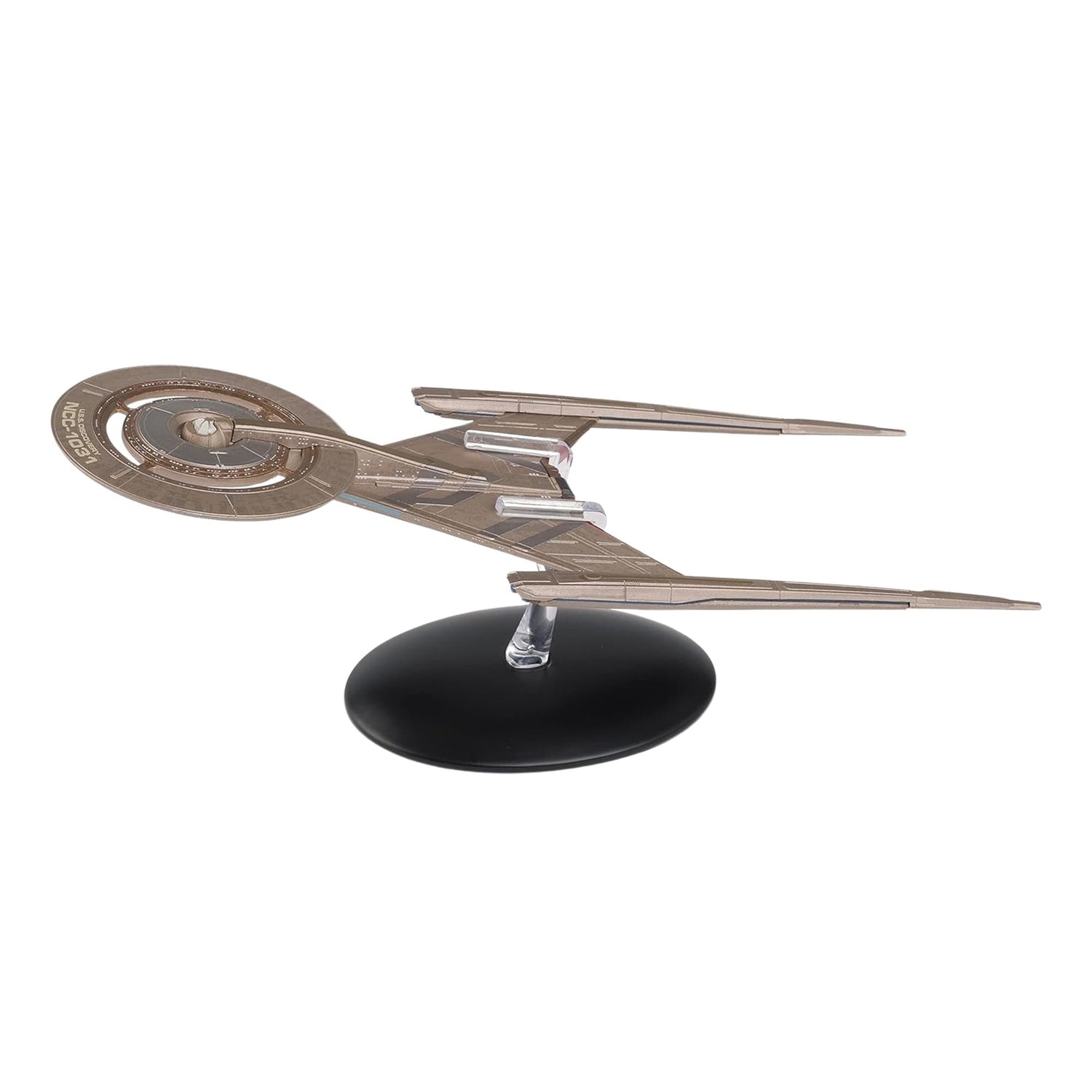 Top-down view of the Star Trek: Discovery model highlighting the intricate paint work and registry markings