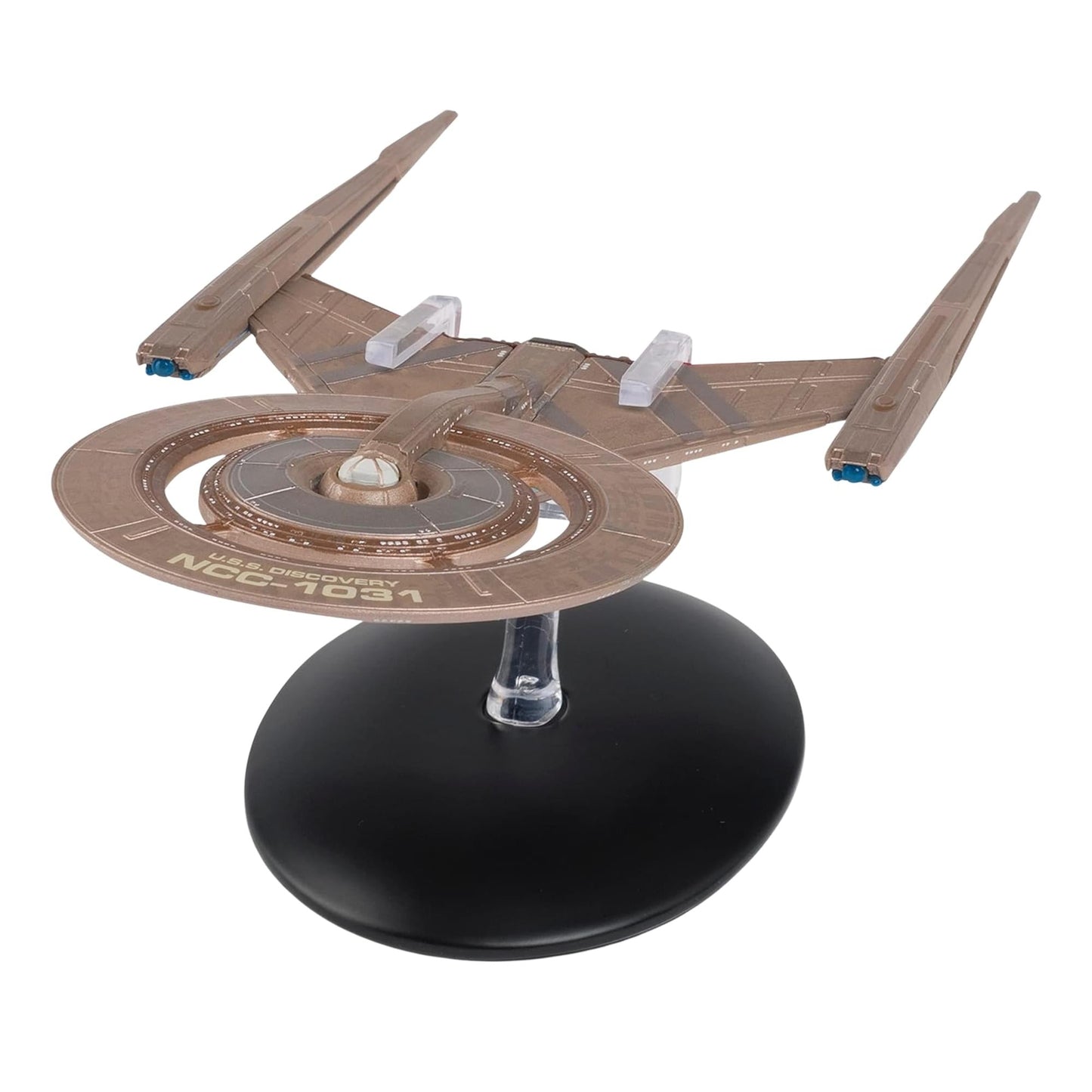 Angle view of the U.S.S. Discovery starship replica showcasing its segmented hull and detailed warp nacelles