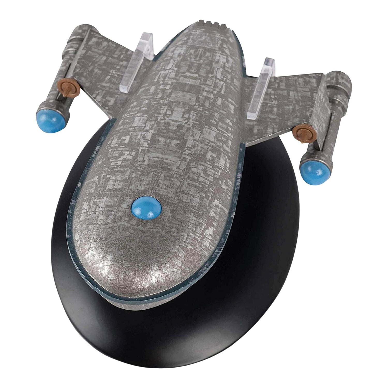 Rear view of the Star Trek collectible vessel showing engine thruster details and secondary hull shaping