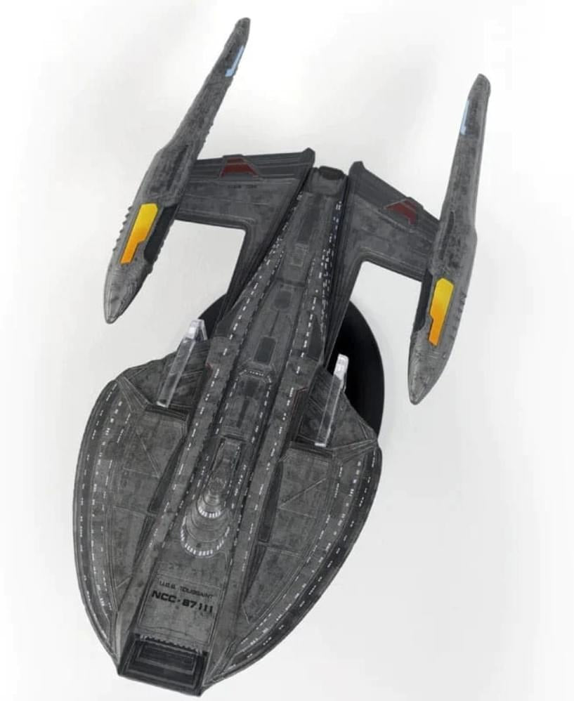 Close-up detail shot of the USS Toussaint bridge section and Starfleet insignia on the top hull