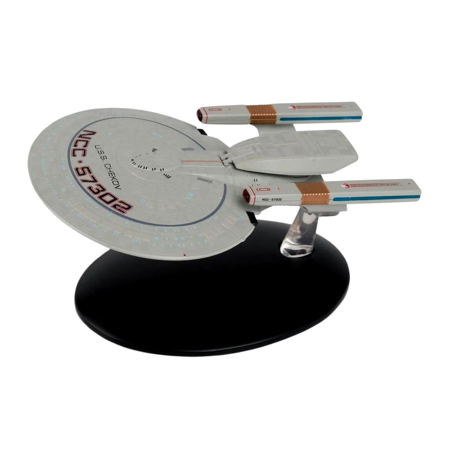 Rear view of the Springfield class starship model showing the warp nacelles and impulse engine housing