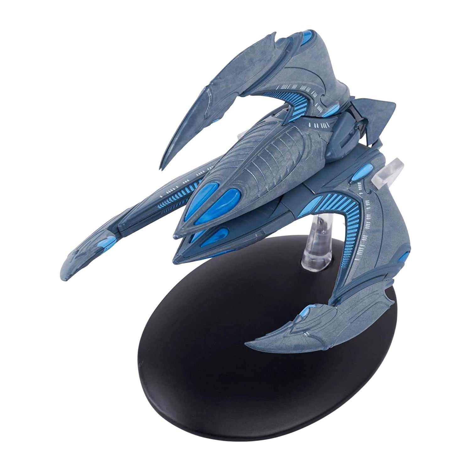 Rear angle of the Star Trek collectible model showing engine section details and the attachment point for the display stand