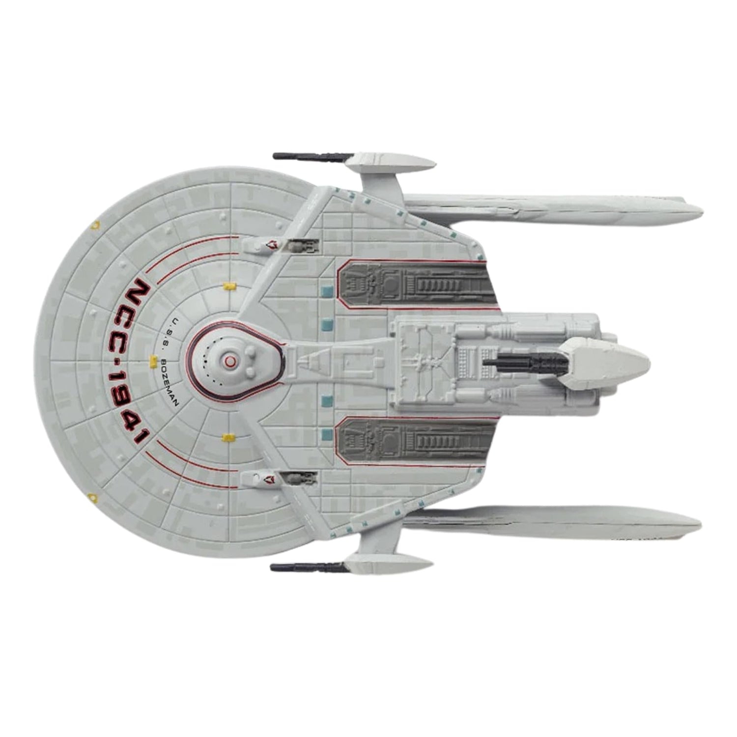 Rear view showing the warp nacelles and impulse engine housing of the Starfleet Bozeman model