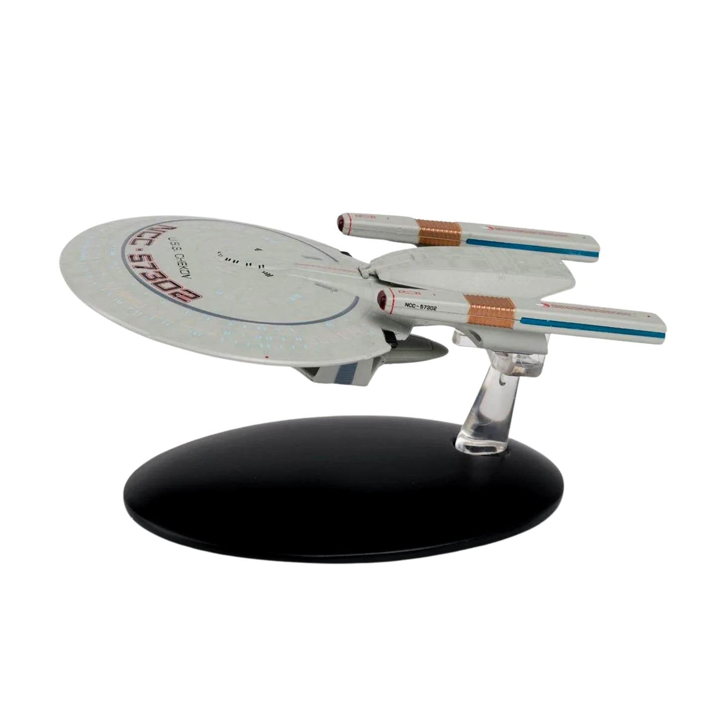 Three-quarter angle view of the Springfield class starship replica showing its unique hull configuration and saucer section