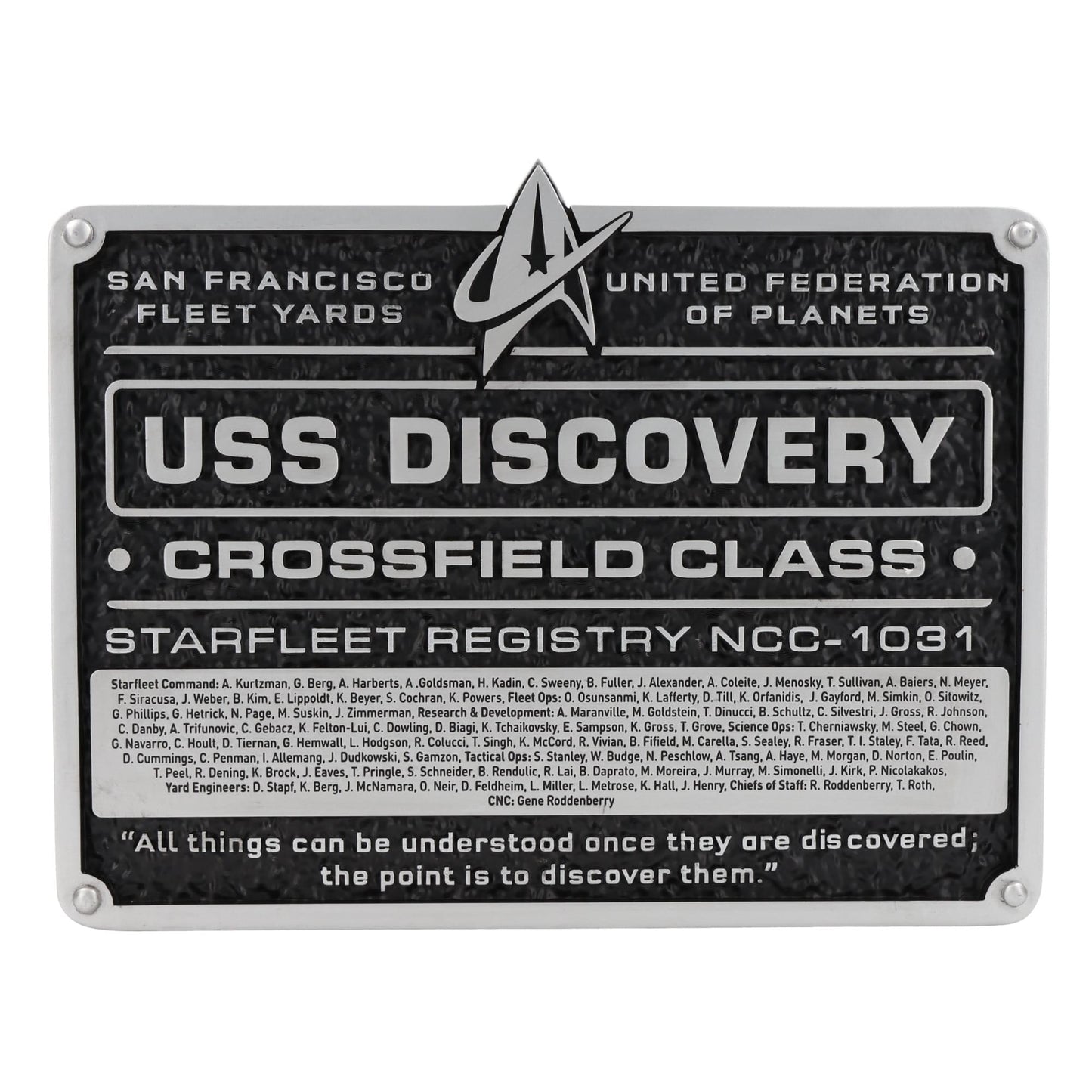 Front view of the U.S.S. Discovery dedication plaque replica featuring the ship registry and Starfleet delta insignia
