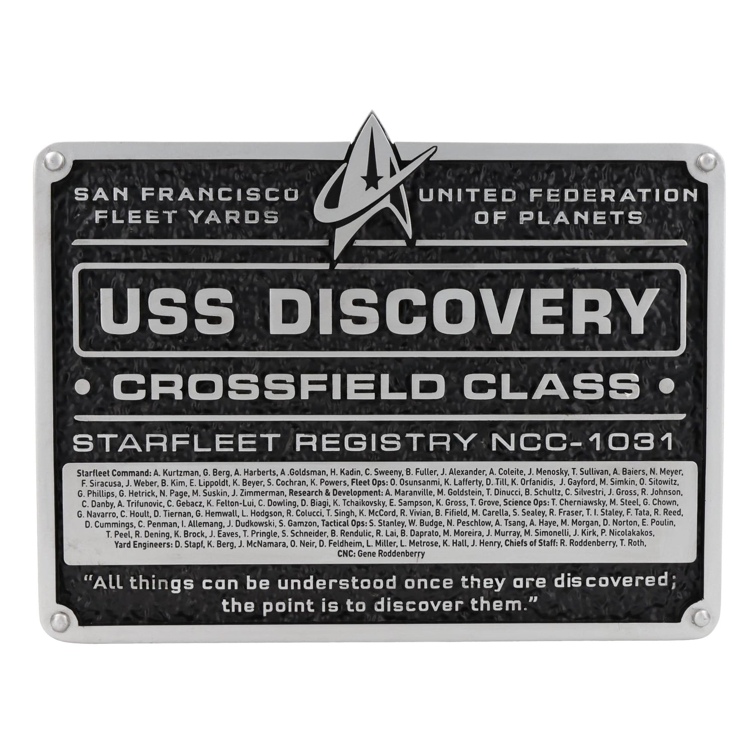 Front view of the U.S.S. Discovery dedication plaque replica featuring the ship registry and Starfleet delta insignia