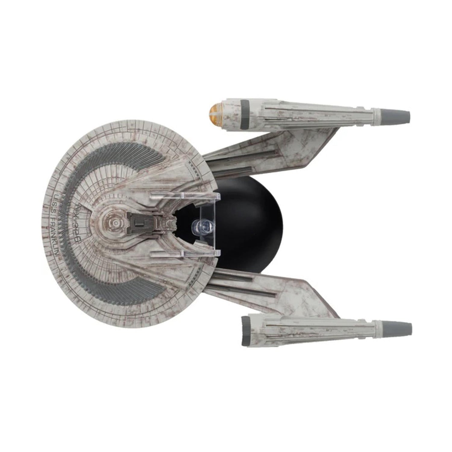 Ventral bottom view of the USS Franklin model showing registry details and structural plating