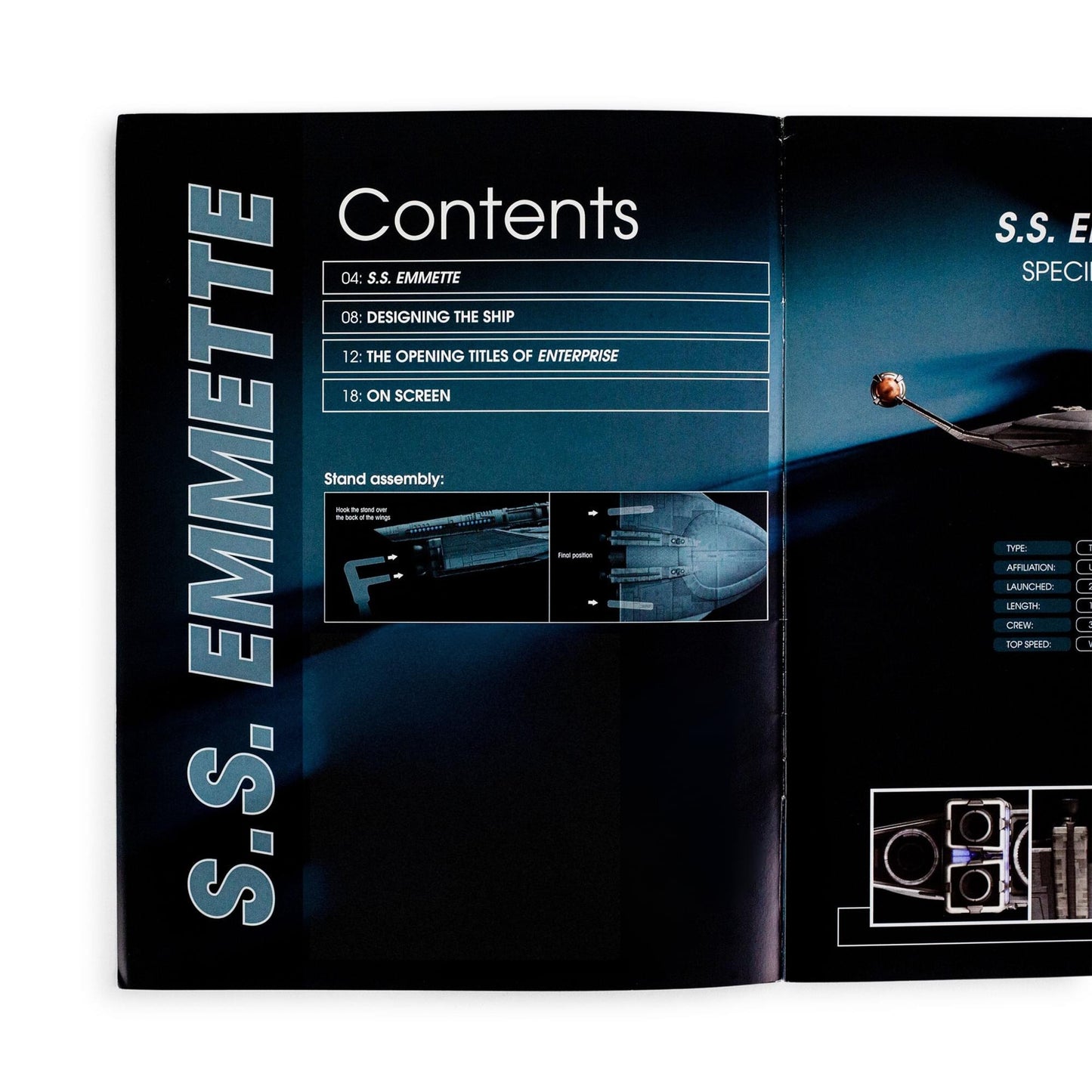 Close-up of the magazine interior showing historical schematics of the S.S. Emmette primary hull