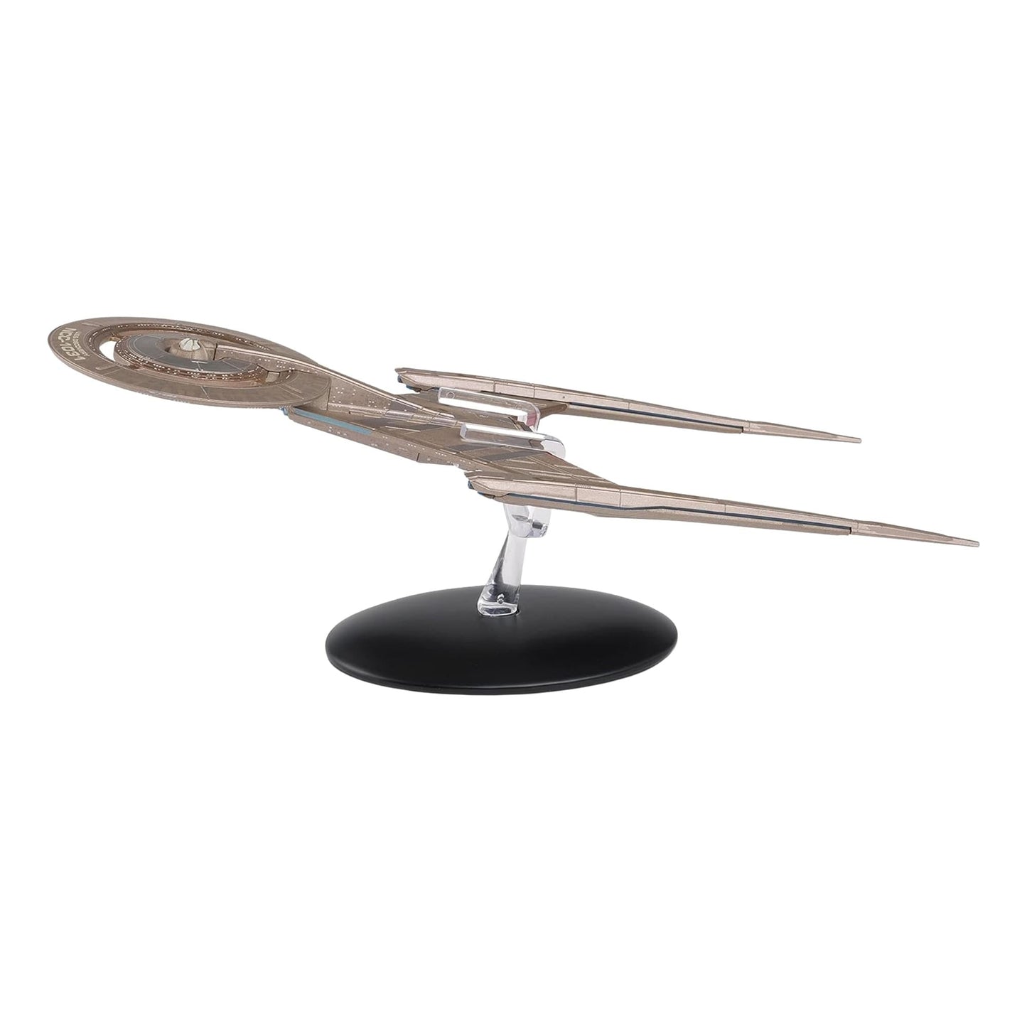 Side profile view of the U.S.S. Discovery starship replica mounted on its display stand
