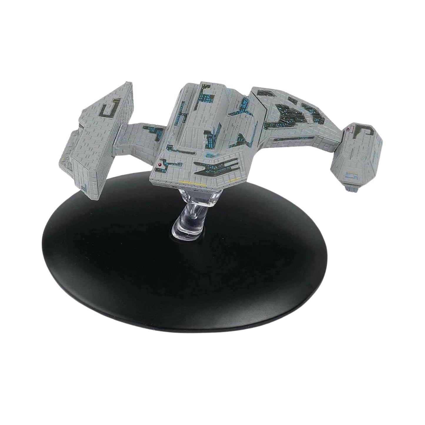 Angled front view of the starship model, emphasizing the menacing and distinct architectural design of the vessel.