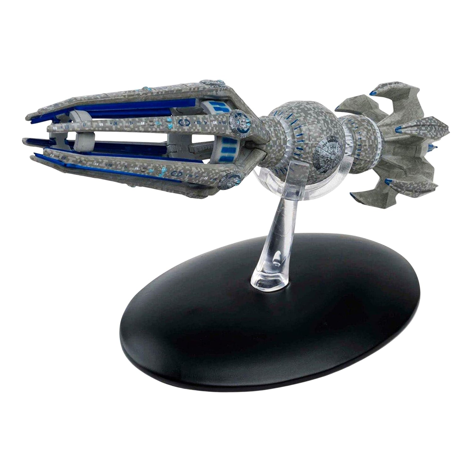 Profile view of the Krenim starship replica, showcasing its elongated sleek configuration and distinct silhouette