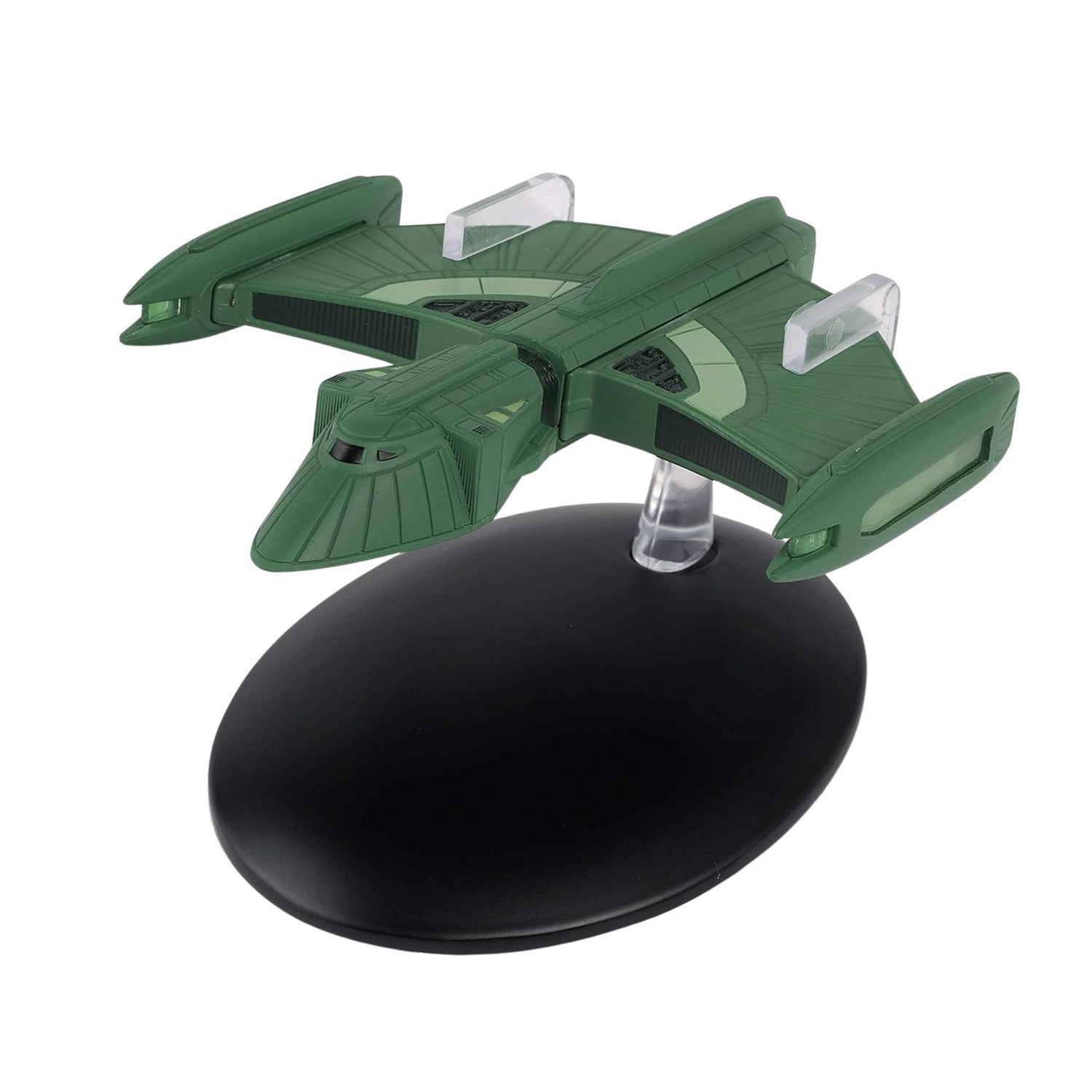 Angled perspective shot of the starship model mounted on its branded Star Trek display stand against a neutral background.