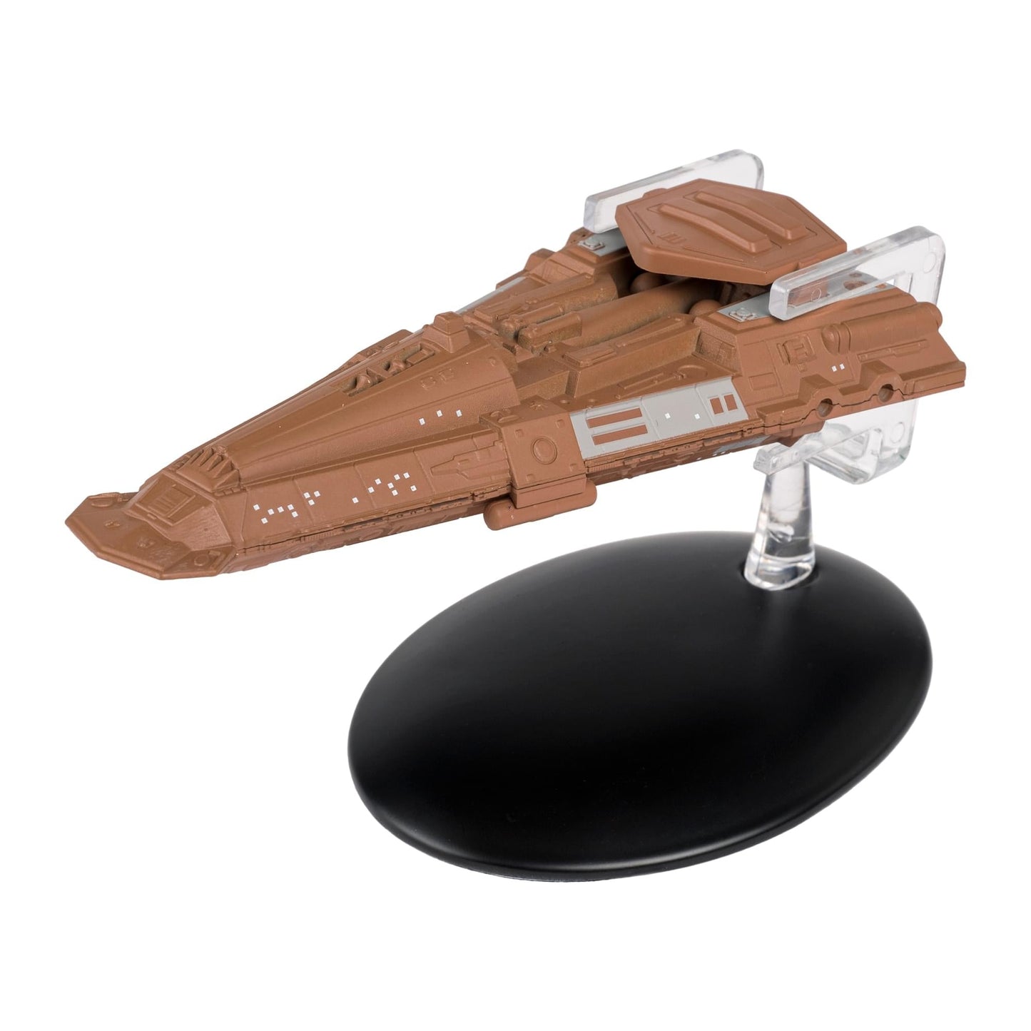 Three-quarter front view of the Bajoran Freighter ship replica showing the utilitarian Antares-class hull design