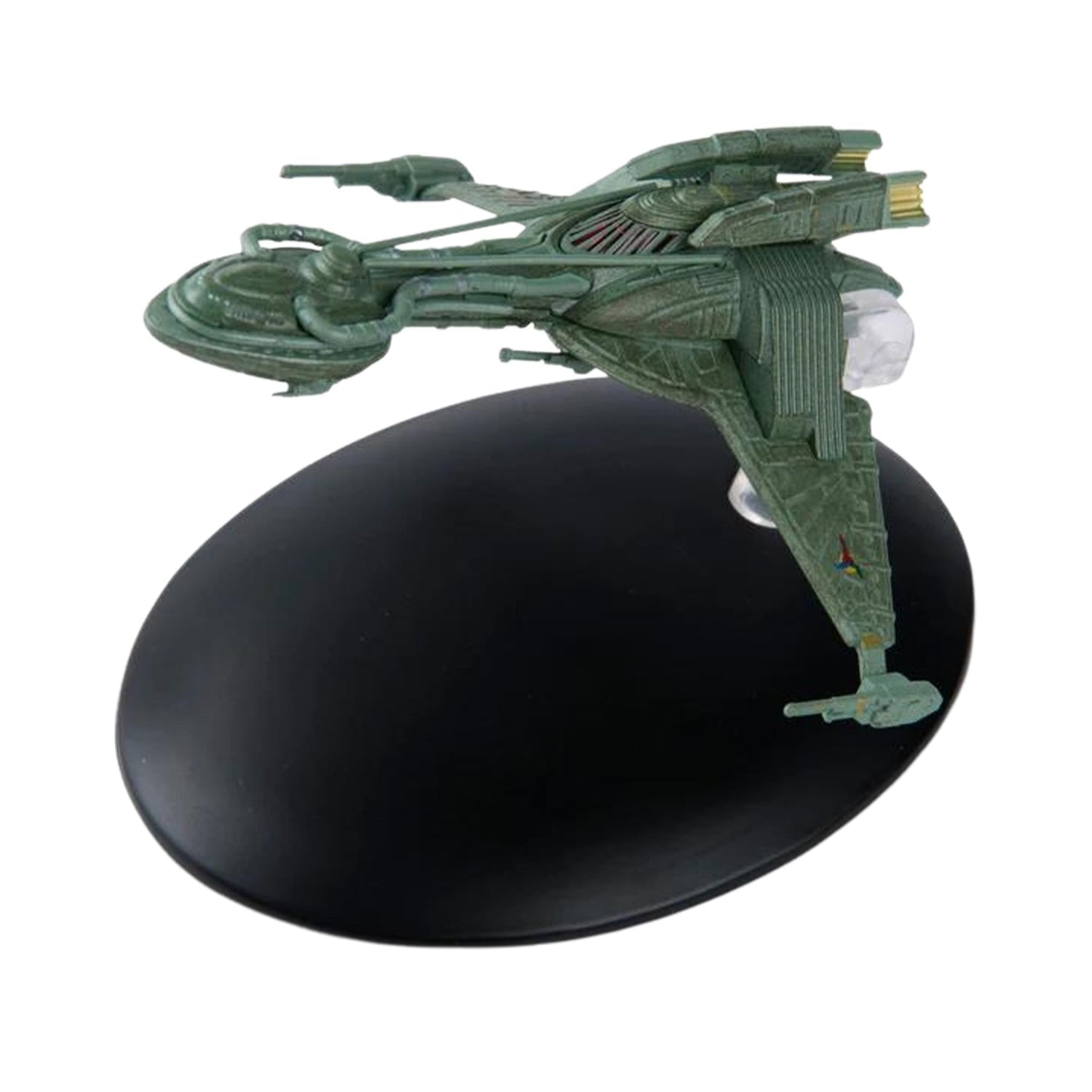 Front three-quarters view of the 22nd Century Klingon Bird-of-Prey starship model on a display stand