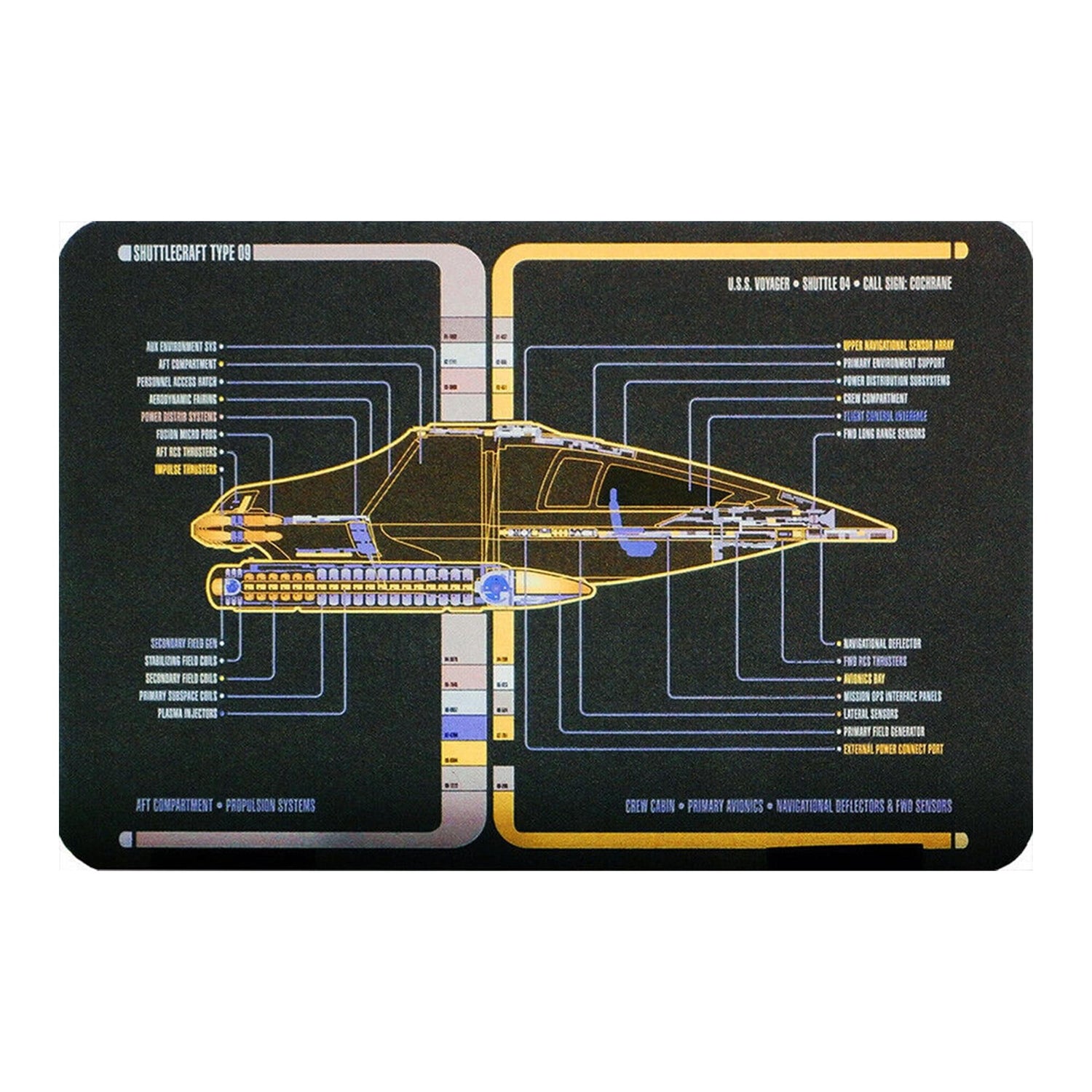 Rear profile view of the Shuttlecraft Cochrane collectible, highlighting the warp nacelle detailing and impulse engine configuration
