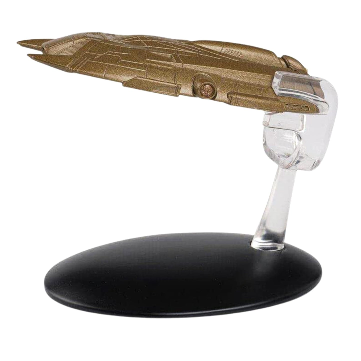 Side profile view of the die-cast Ferengi starship resting on its display stand against a neutral background