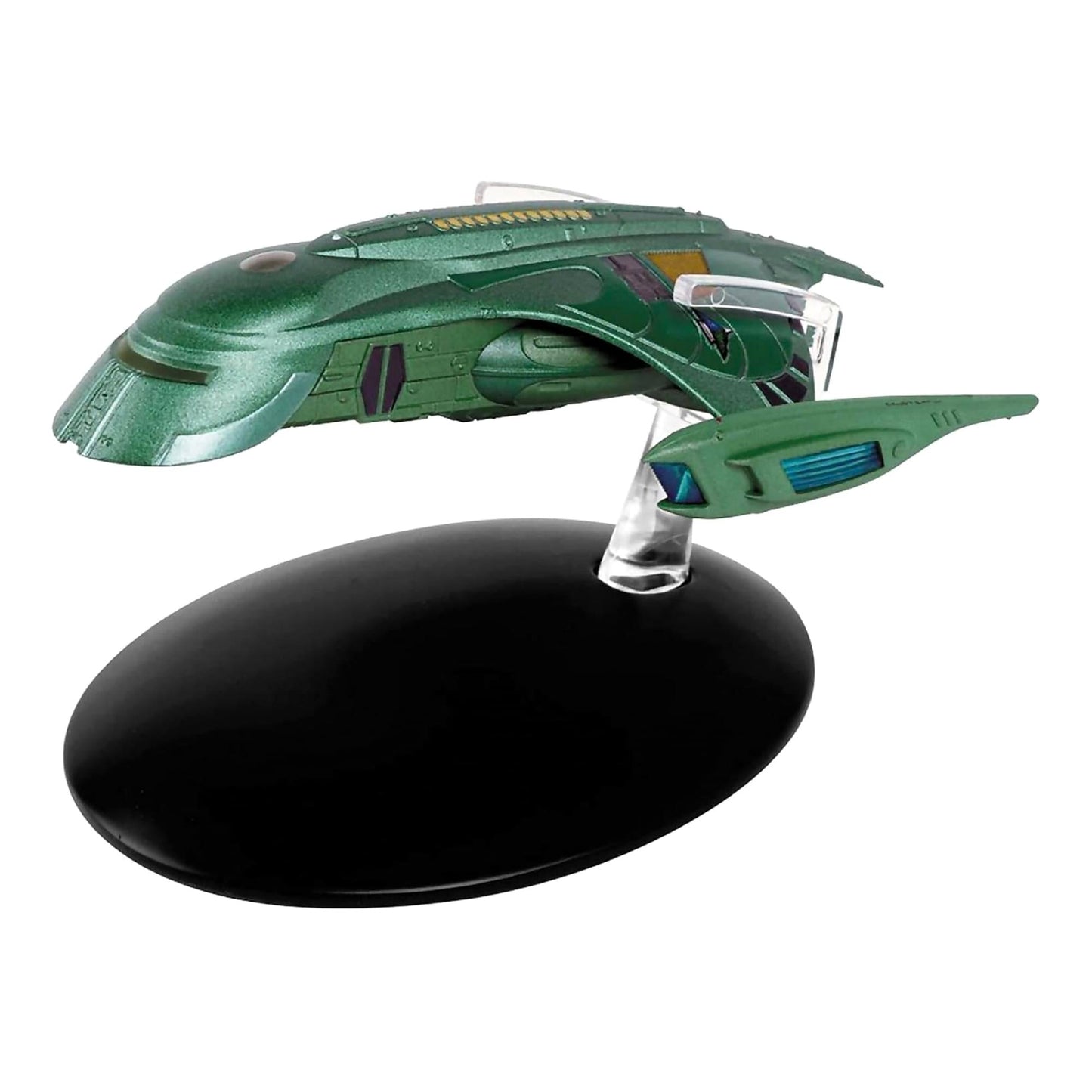 Front three-quarter angle view of the detailed Romulan Shuttle starship replica resting on its display stand