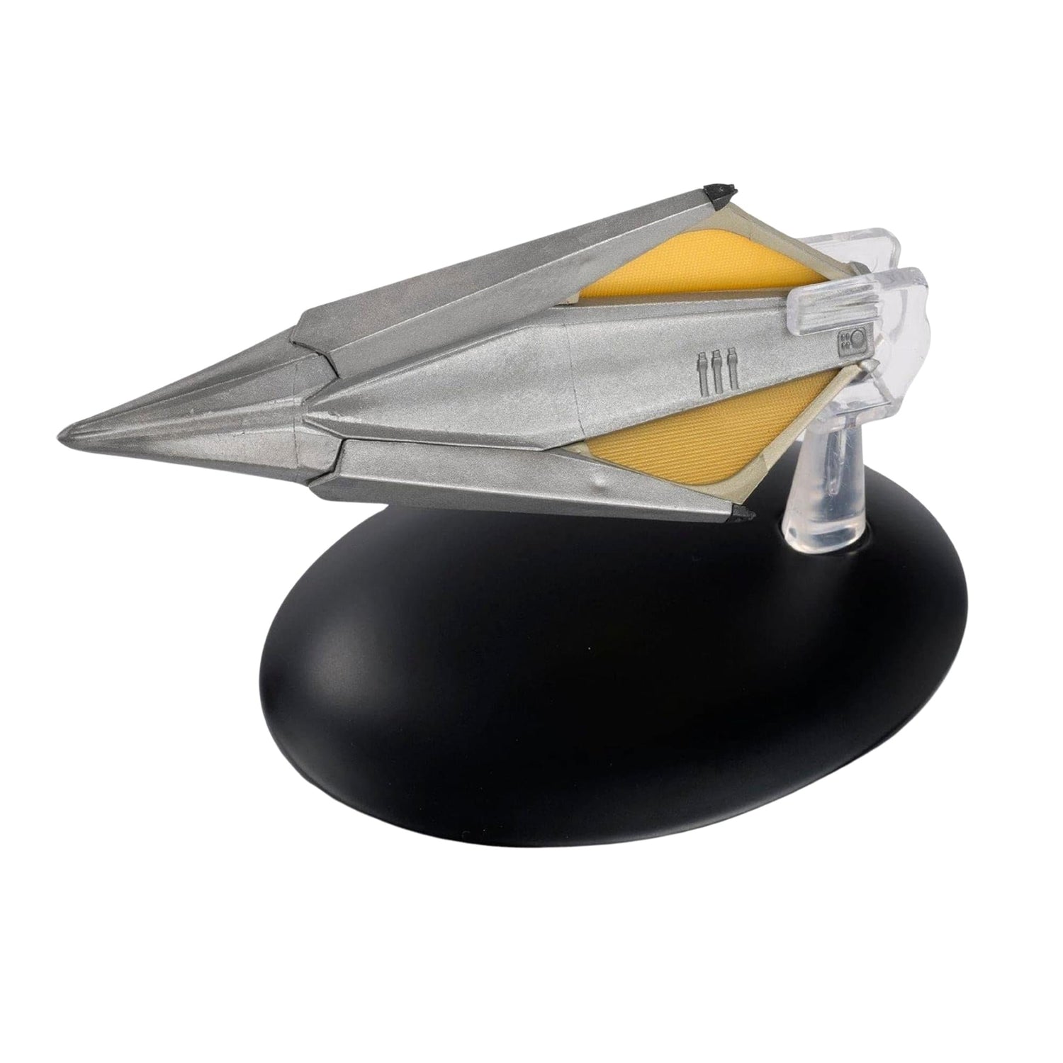 Side profile of the Tholian ship replica resting on its collector stand