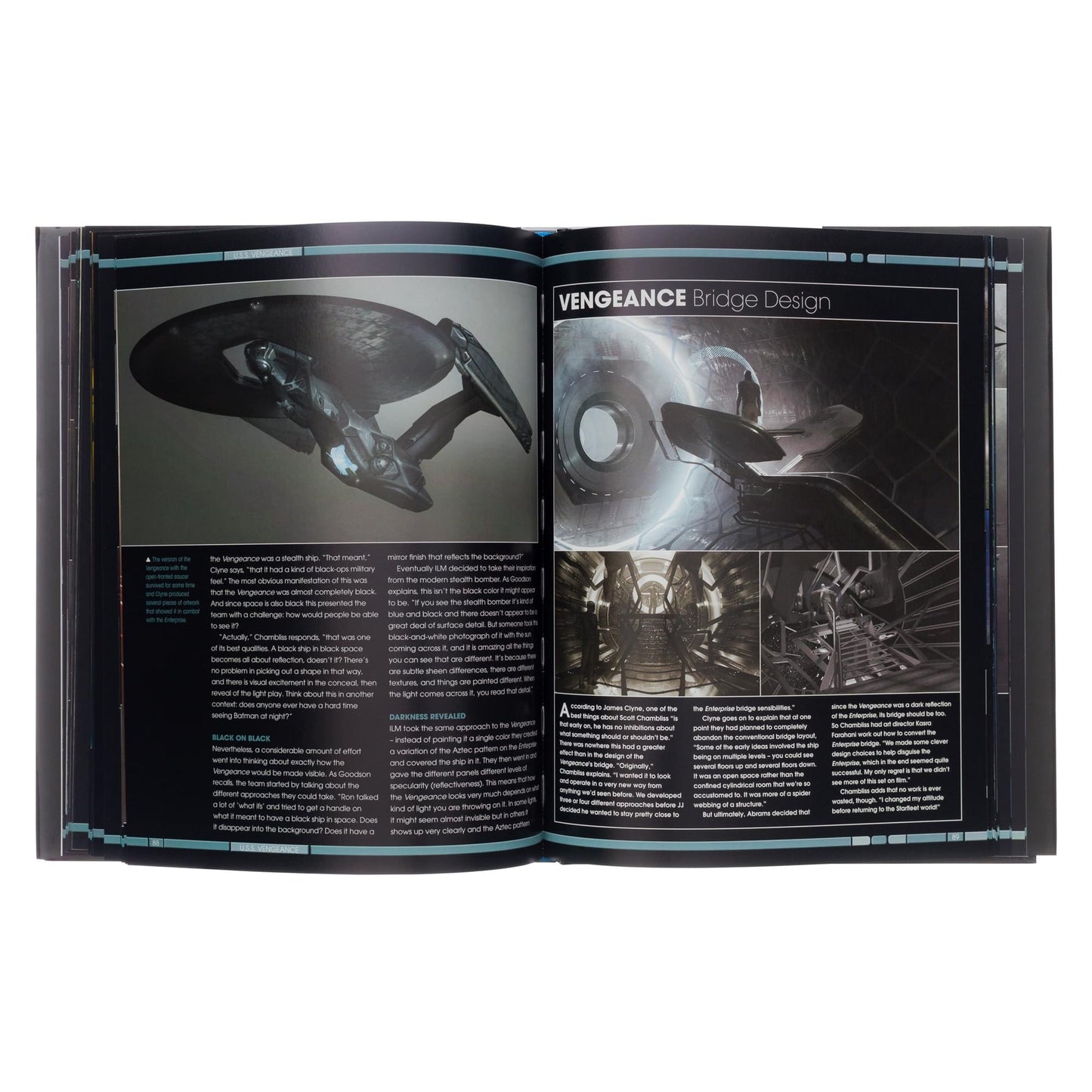 Open book pages displaying conceptual sketches and blueprints of the U.S.S. Enterprise from the Kelvin Timeline films