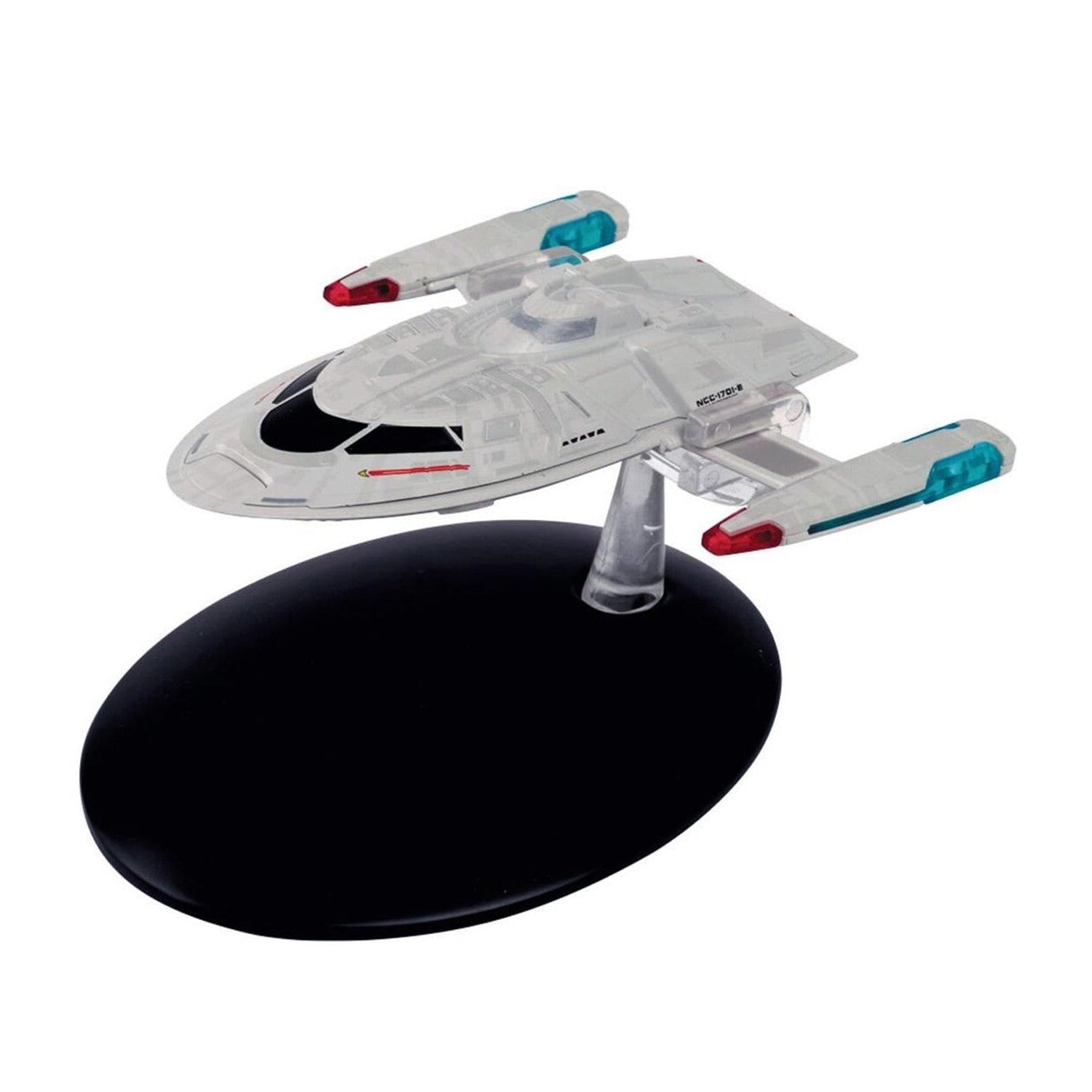 Star Trek Enterprise-E Captain Yacht die-cast replica viewed from a three-quarters top angle on its display stand
