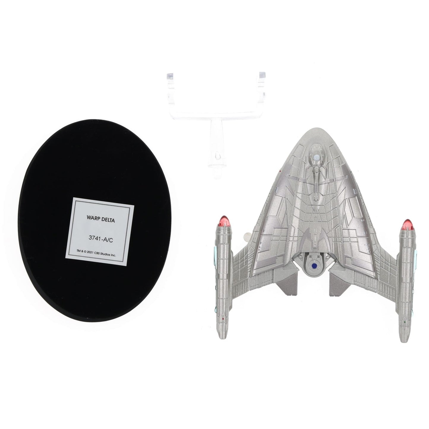 Angled front view of the starship replica mounted on its display stand