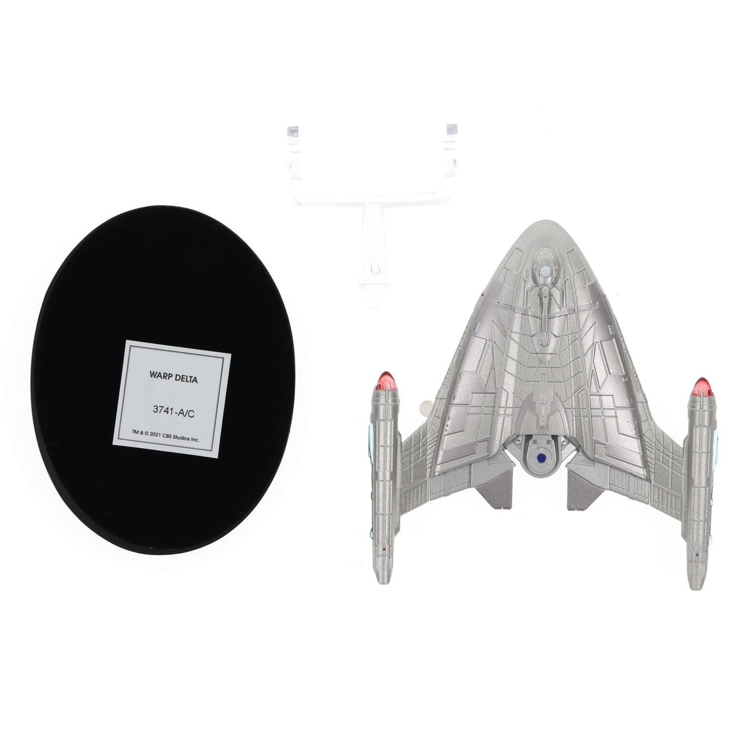 Angled front view of the starship replica mounted on its display stand