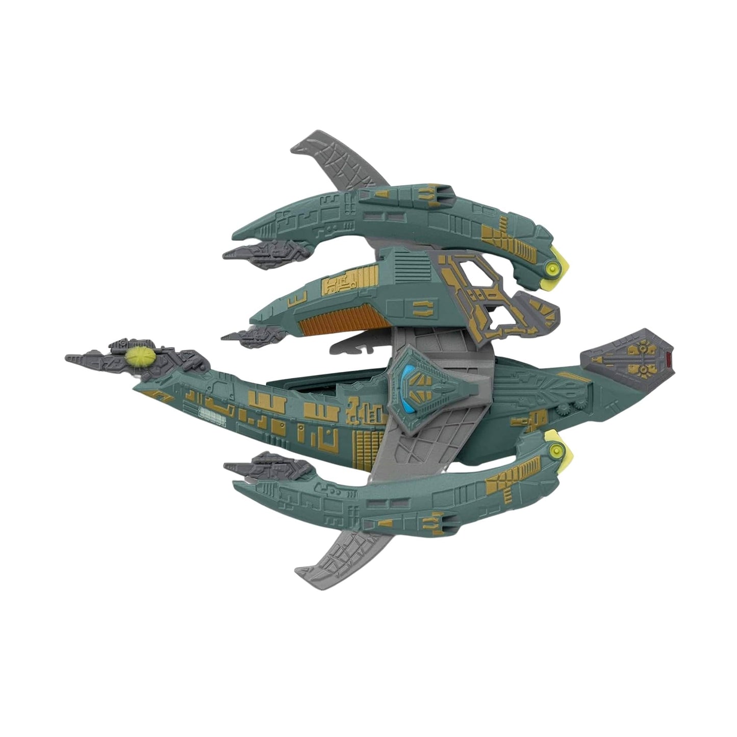 Angled perspective of the Breen warship mounted on its branded Star Trek display base