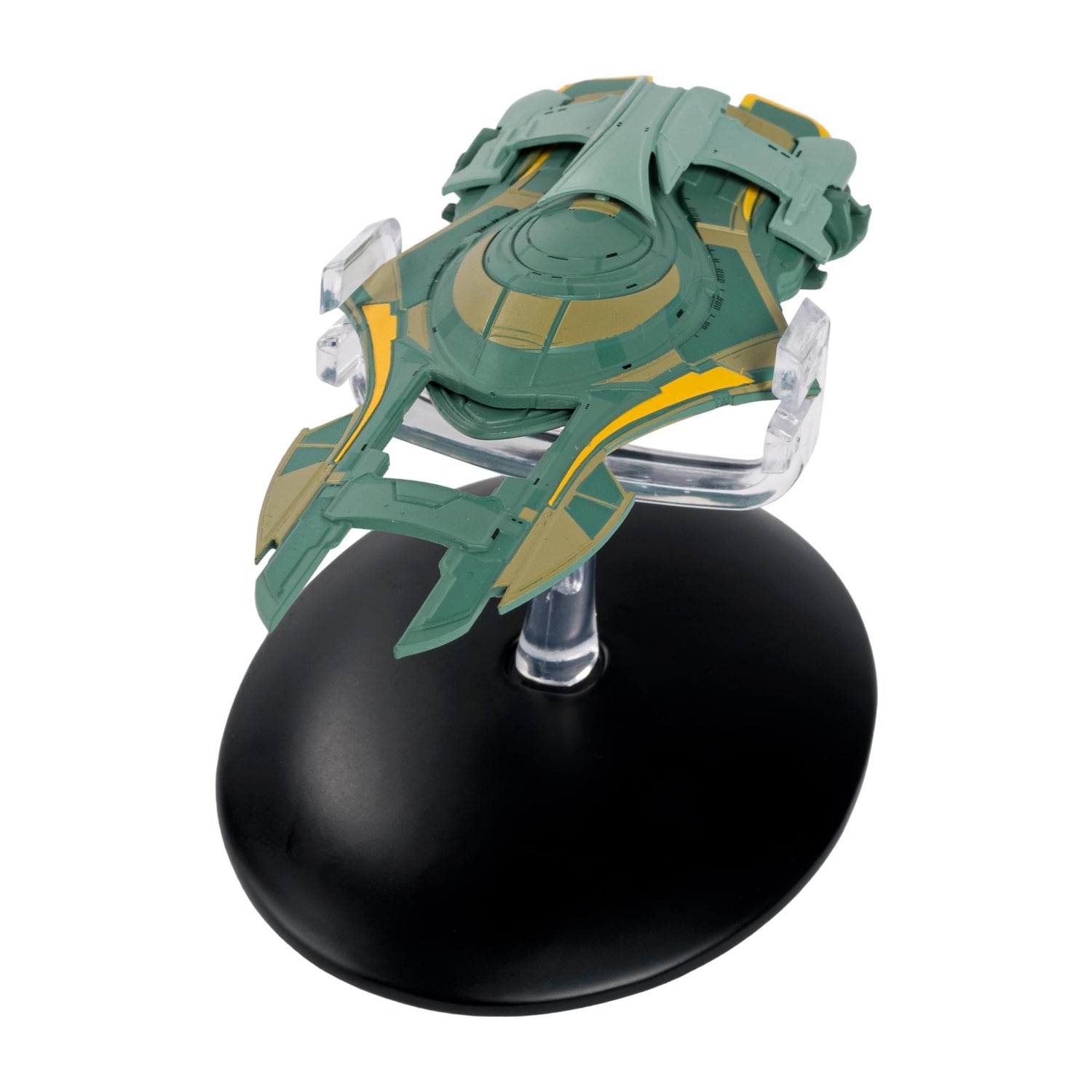 Rear perspective of the Xindi Humanoid starship replica highlighting engine thruster details and sleek metallic finishing
