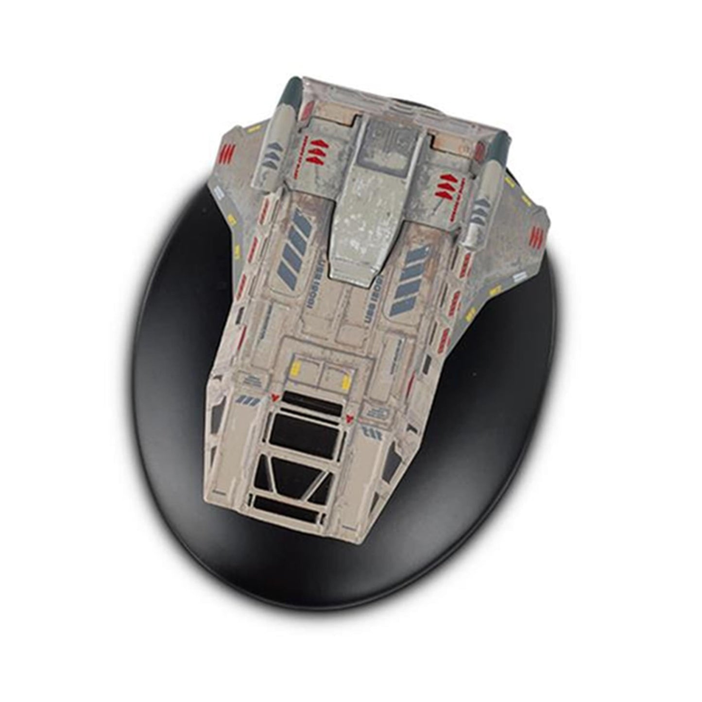 Front-quarter angle of a die-cast transport craft highlighting cockpit window details