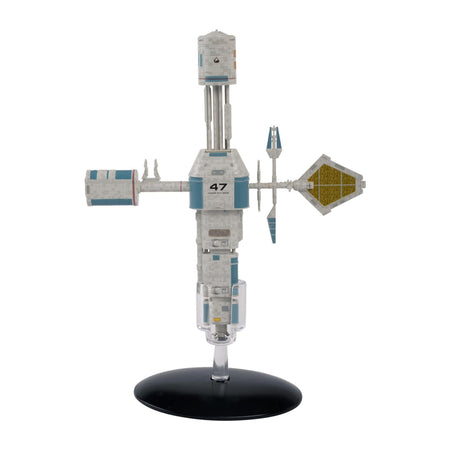 Three-quarter view of the Star Trek Relay Station 47 die-cast model, showcasing its intricate communications array and hand-painted metallic finish