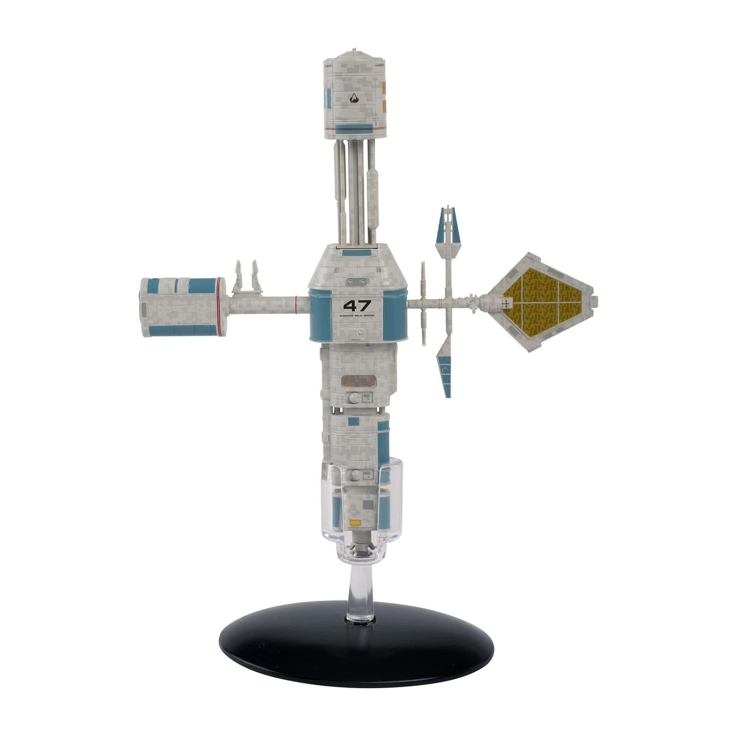 Three-quarter view of the Star Trek Relay Station 47 die-cast model, showcasing its intricate communications array and hand-painted metallic finish