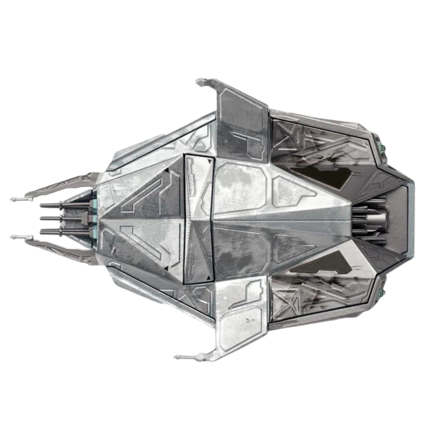 Detailed studio shot of the Star Trek starship replica showing its primary hull and hand-painted hull markings against a neutral background