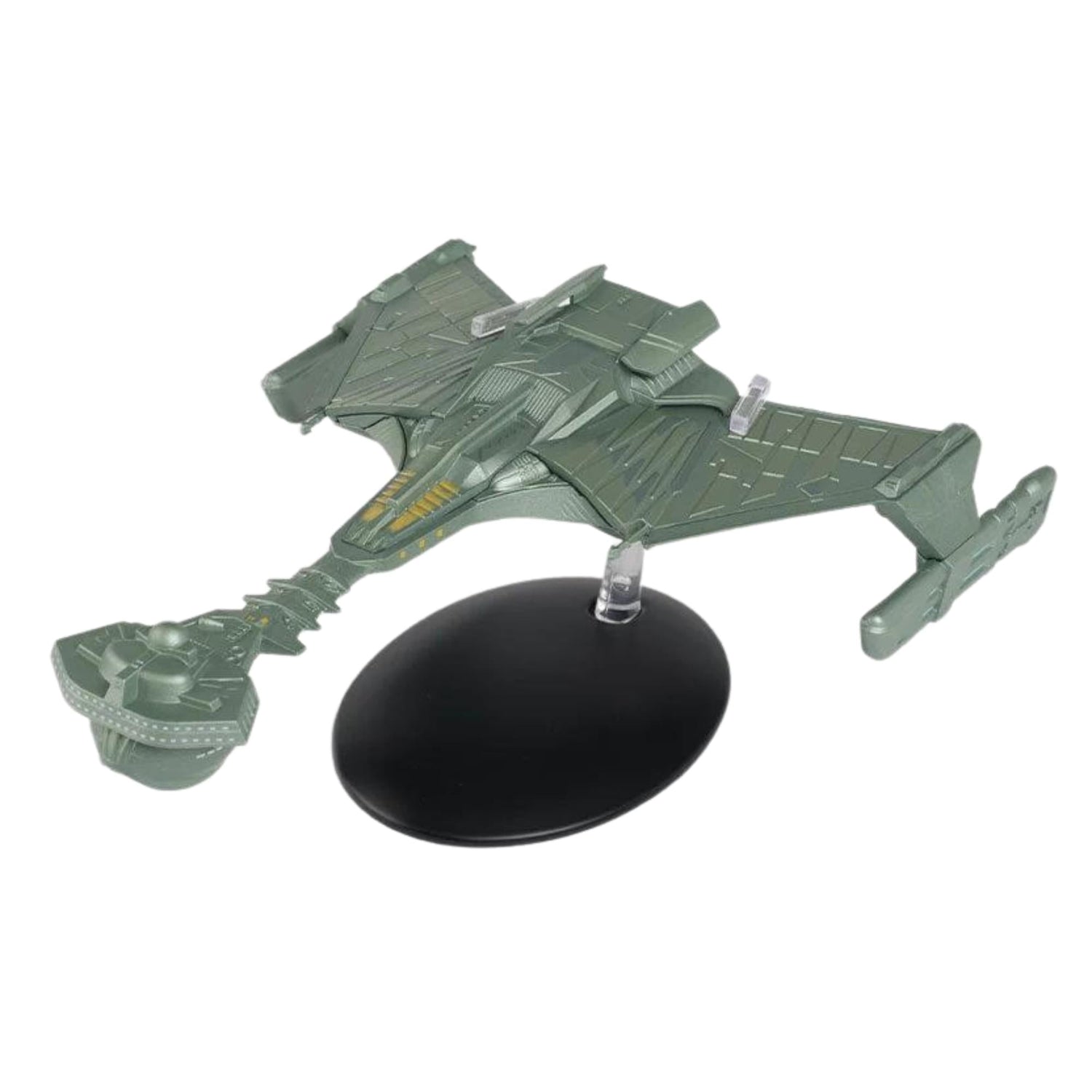 Three-quarter front view of the die-cast Klingon Battlecruiser replica, showing its distinctive forward command pod and sweeping hull wings