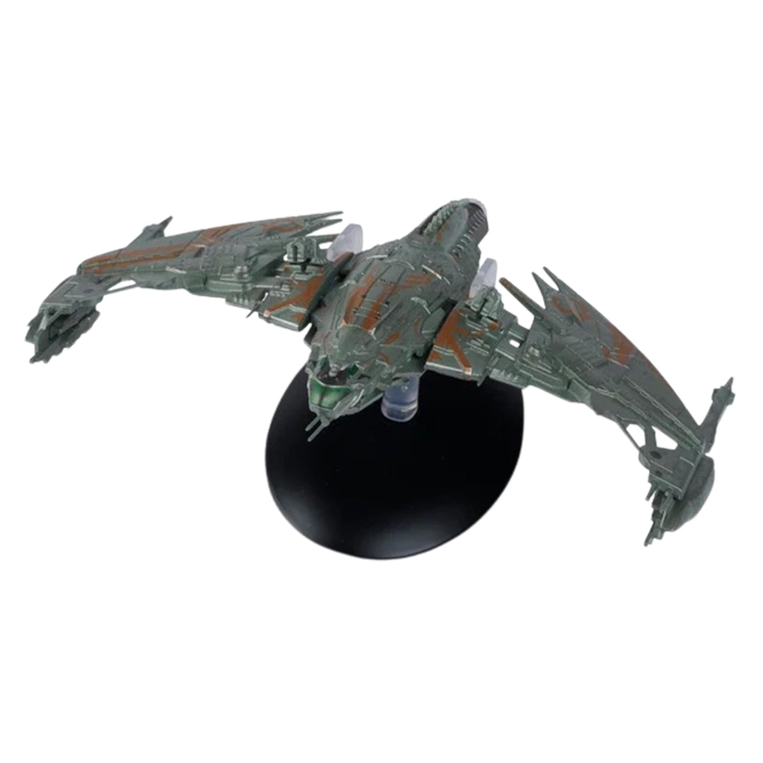 Angled view from below showing the underside weapon emplacements and hull markings of the Star Trek replica