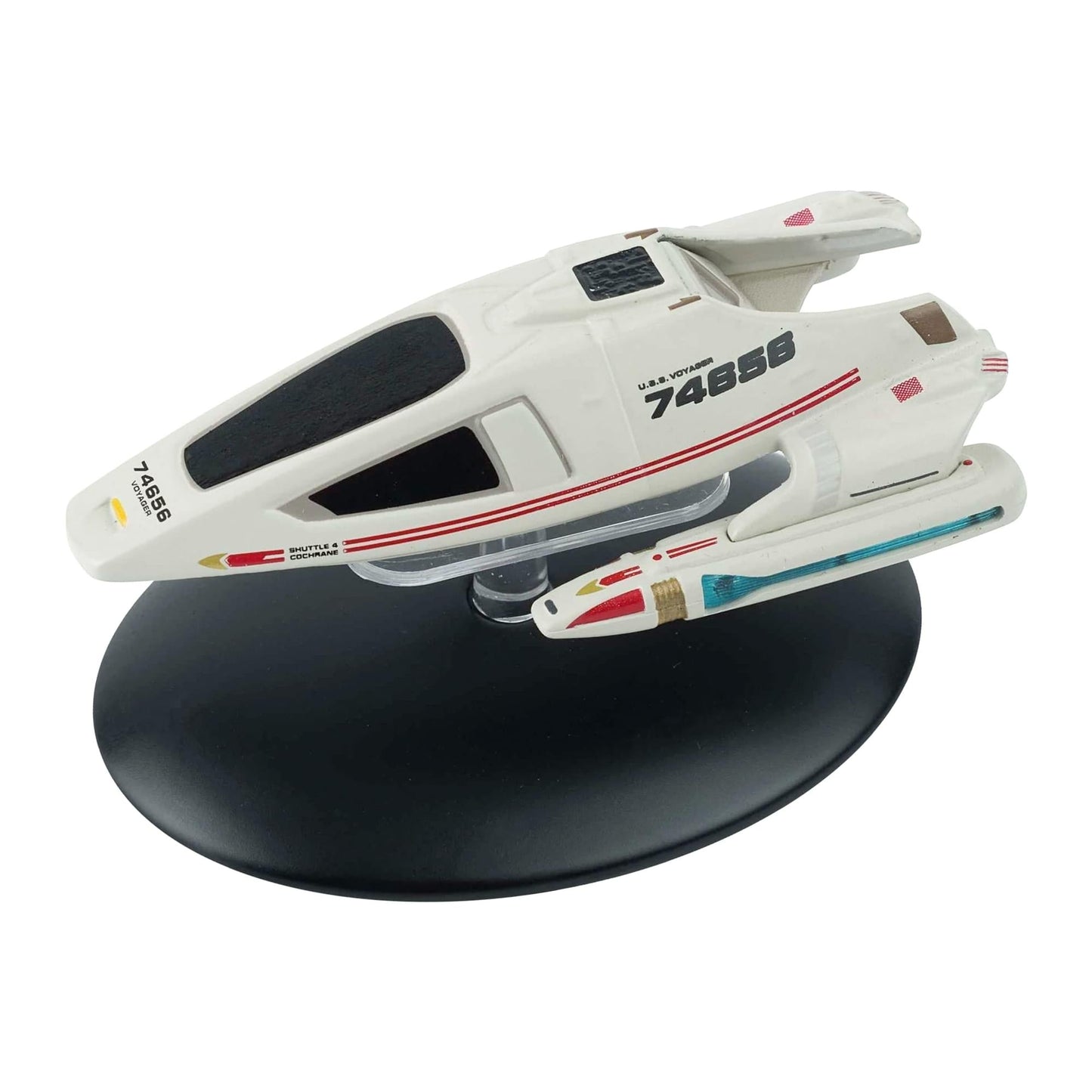 Top-down view of the Shuttlecraft Cochrane replica, displaying the detailed panel lines and authentic coloration on the vessel's upper plating