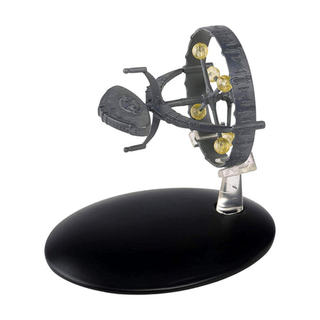 Front three-quarters angle view of the Eaglemoss Orion Scout Ship diecast model on its display stand