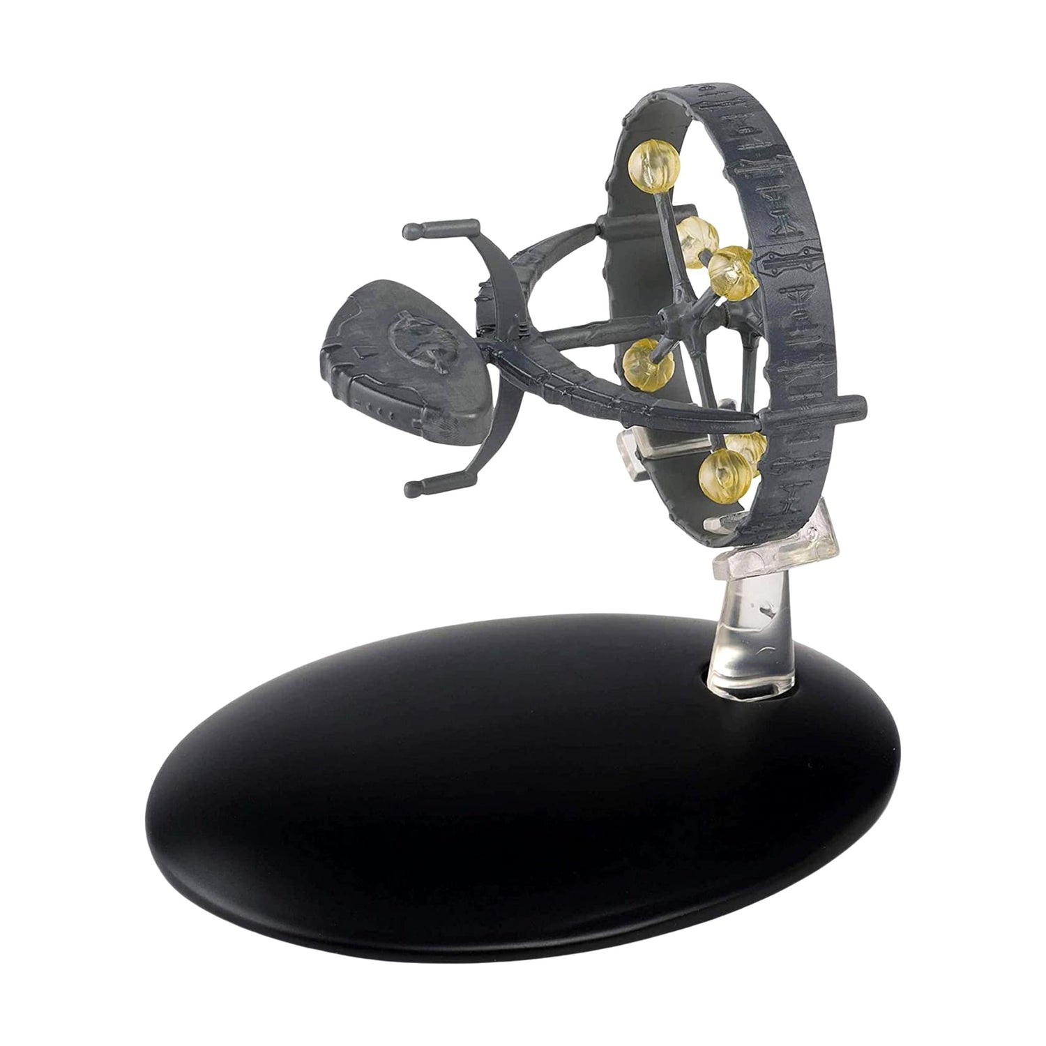 Front three-quarters angle view of the Eaglemoss Orion Scout Ship diecast model on its display stand