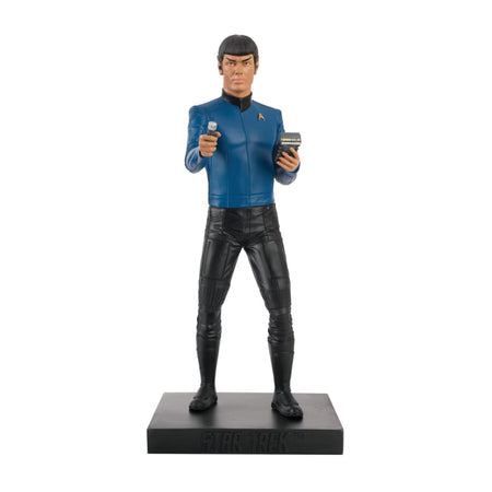 8-inch statuette of Lieutenant Spock in a sciences blue Star Trek Discovery uniform holding a tricorder