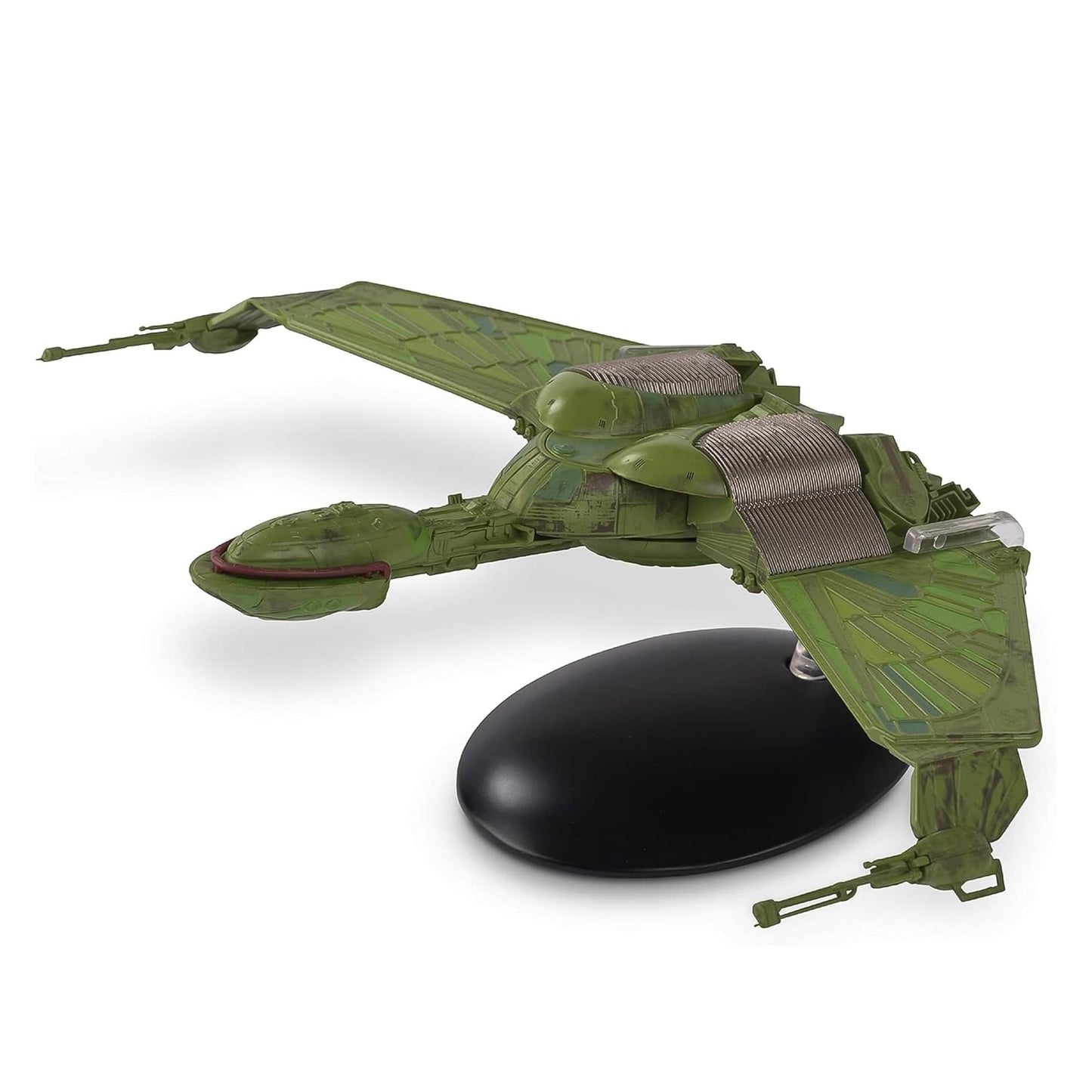 Front angled view of the Klingon Bird-of-Prey die-cast starship replica with wings in horizontal flight position