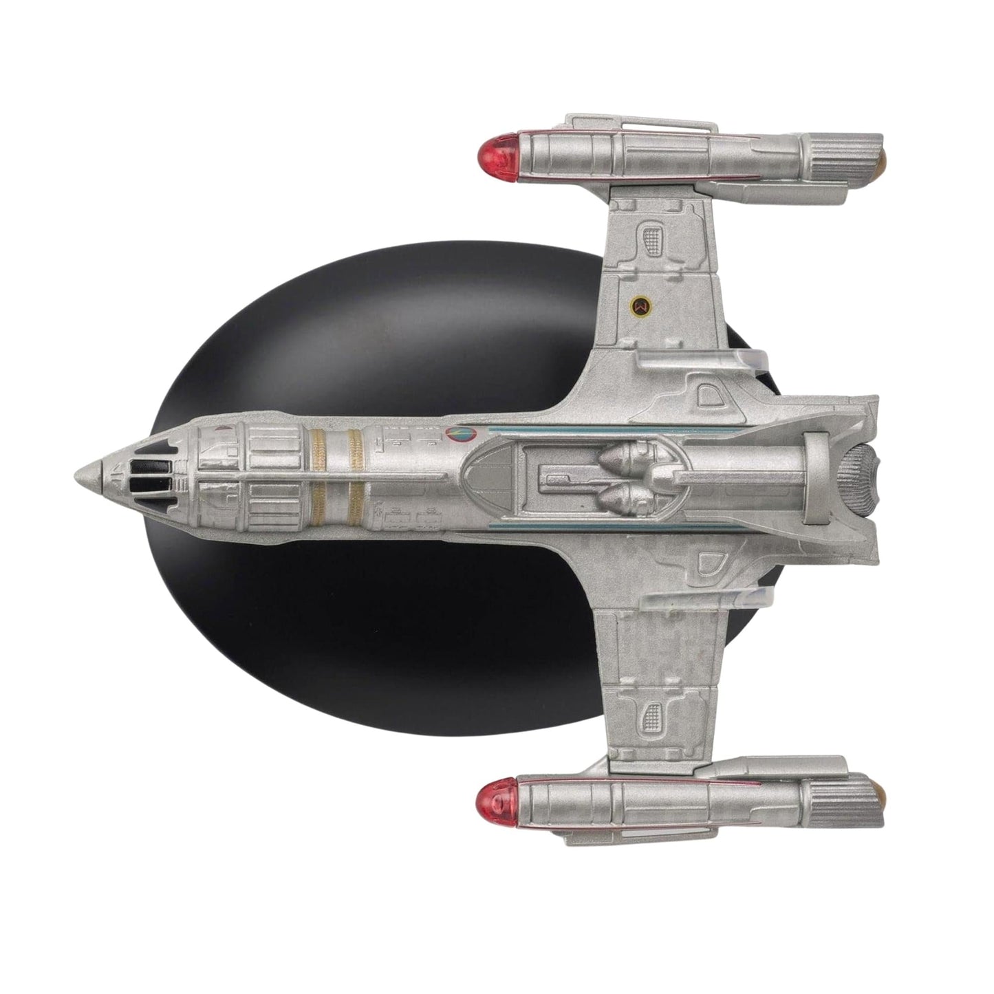 The model mounted on its branded Star Trek display base in a studio setting