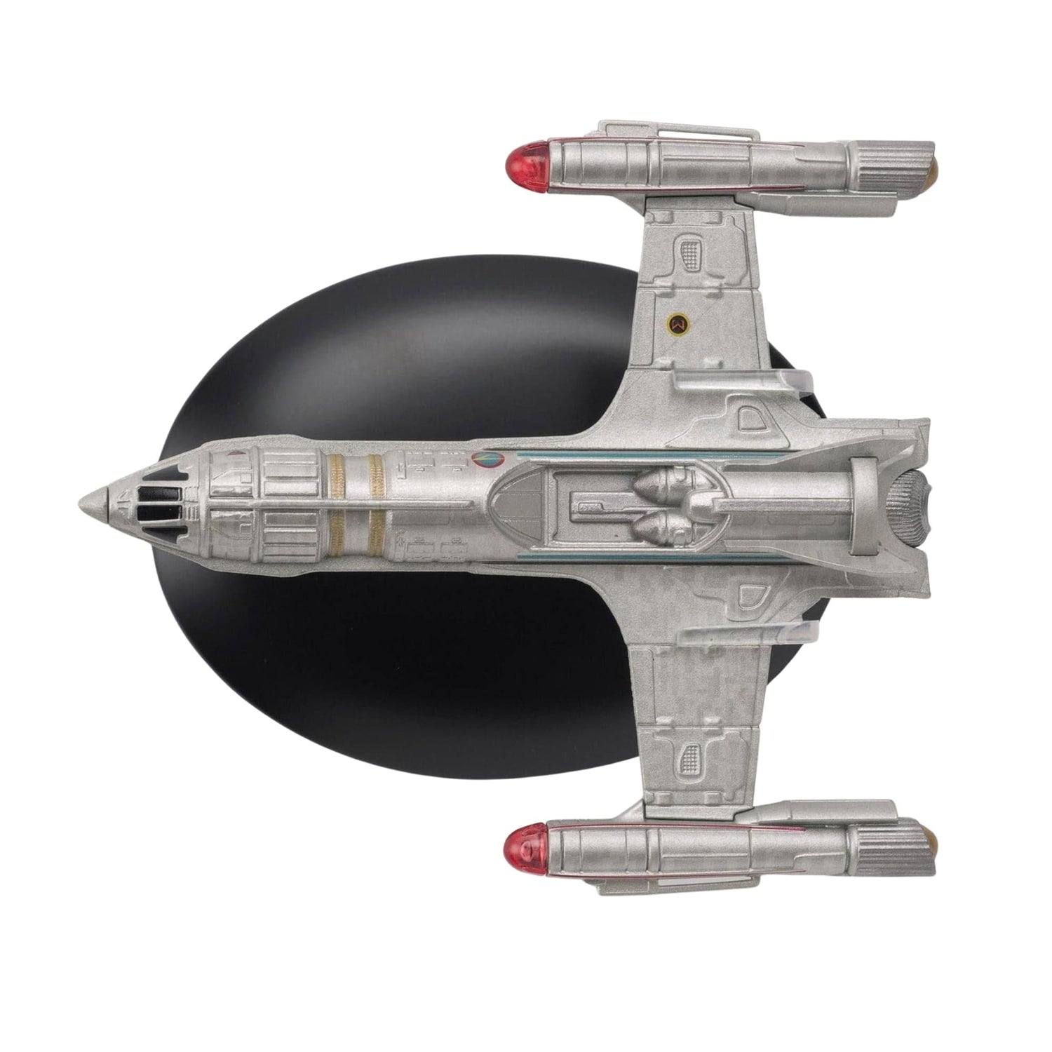 The model mounted on its branded Star Trek display base in a studio setting
