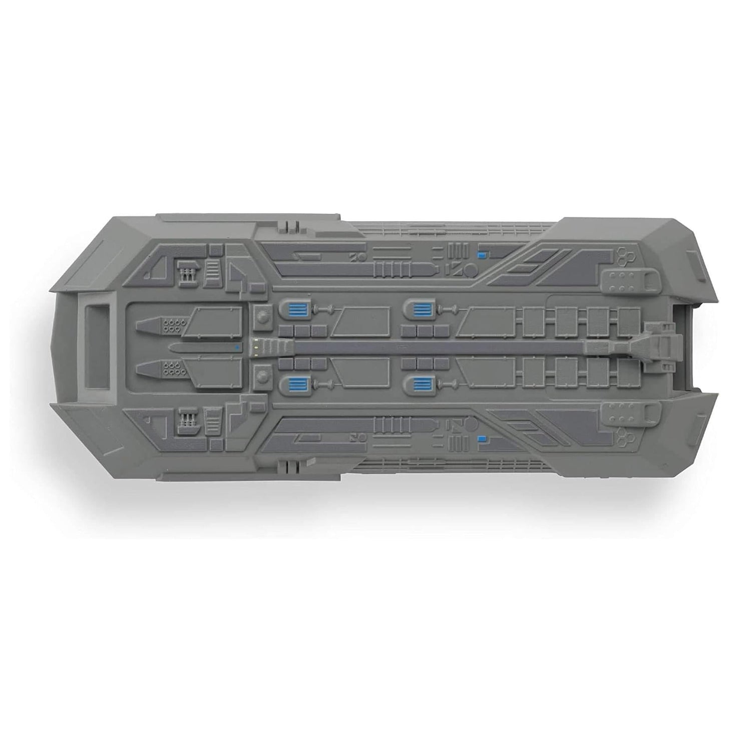 Top-down view of the Federation Holoship die-cast model, illustrating the intricate surface paneling and paintwork.